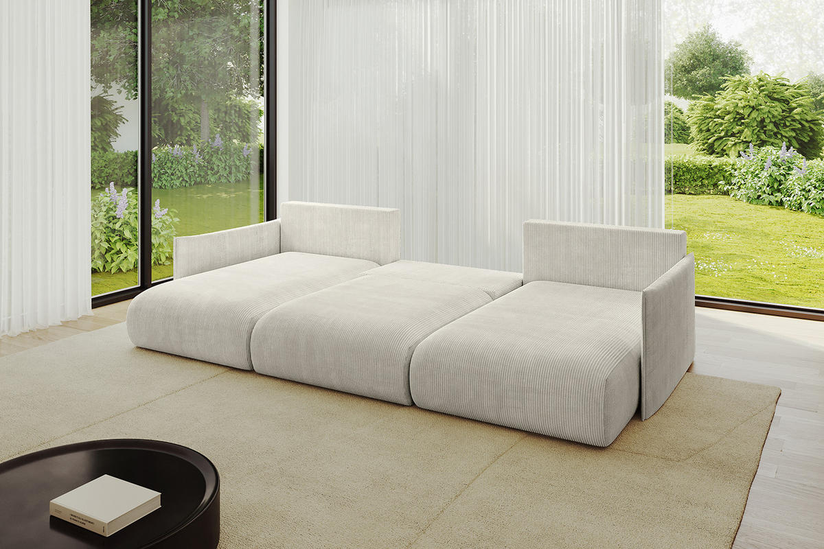 WOHNLANDSCHAFT mit Schlaffunktion und Bettkasten ONESK-U 317x177x72 Hellgrau Cord - Ecru, Holzwerkstoff/Kunststoff (317/72/177cm) - ALTDECOR