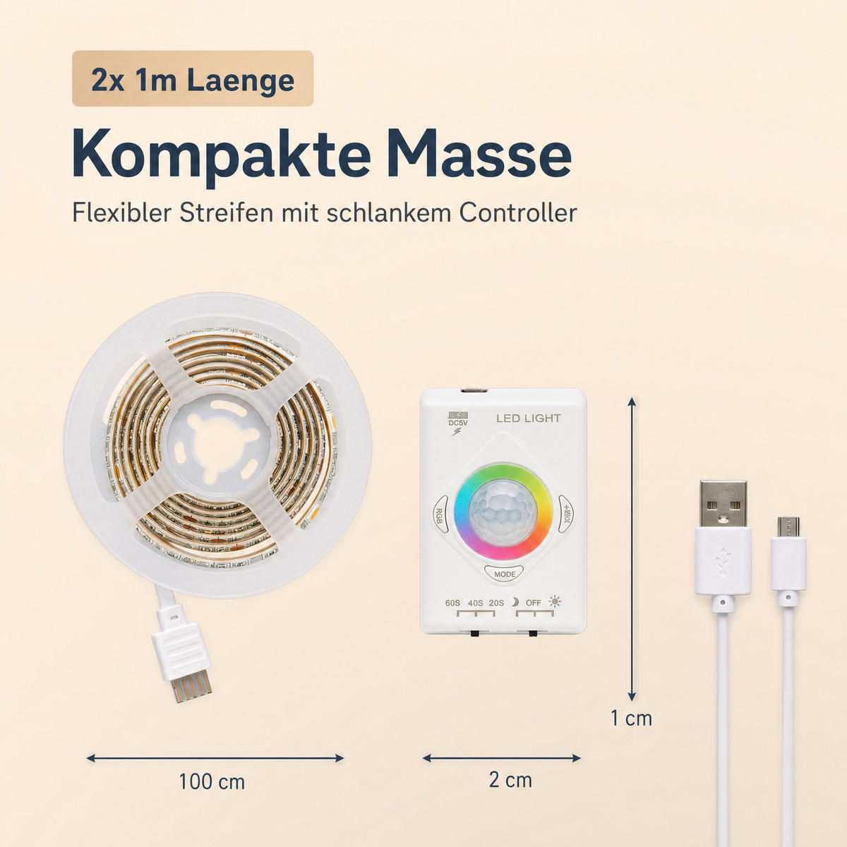 LED-STREIFEN mit Bewegungsmelder - Aufladbar und dimmbar für Innenbereich, 2er-Set - Weiß, Kunststoff (2cm) - Northpoint