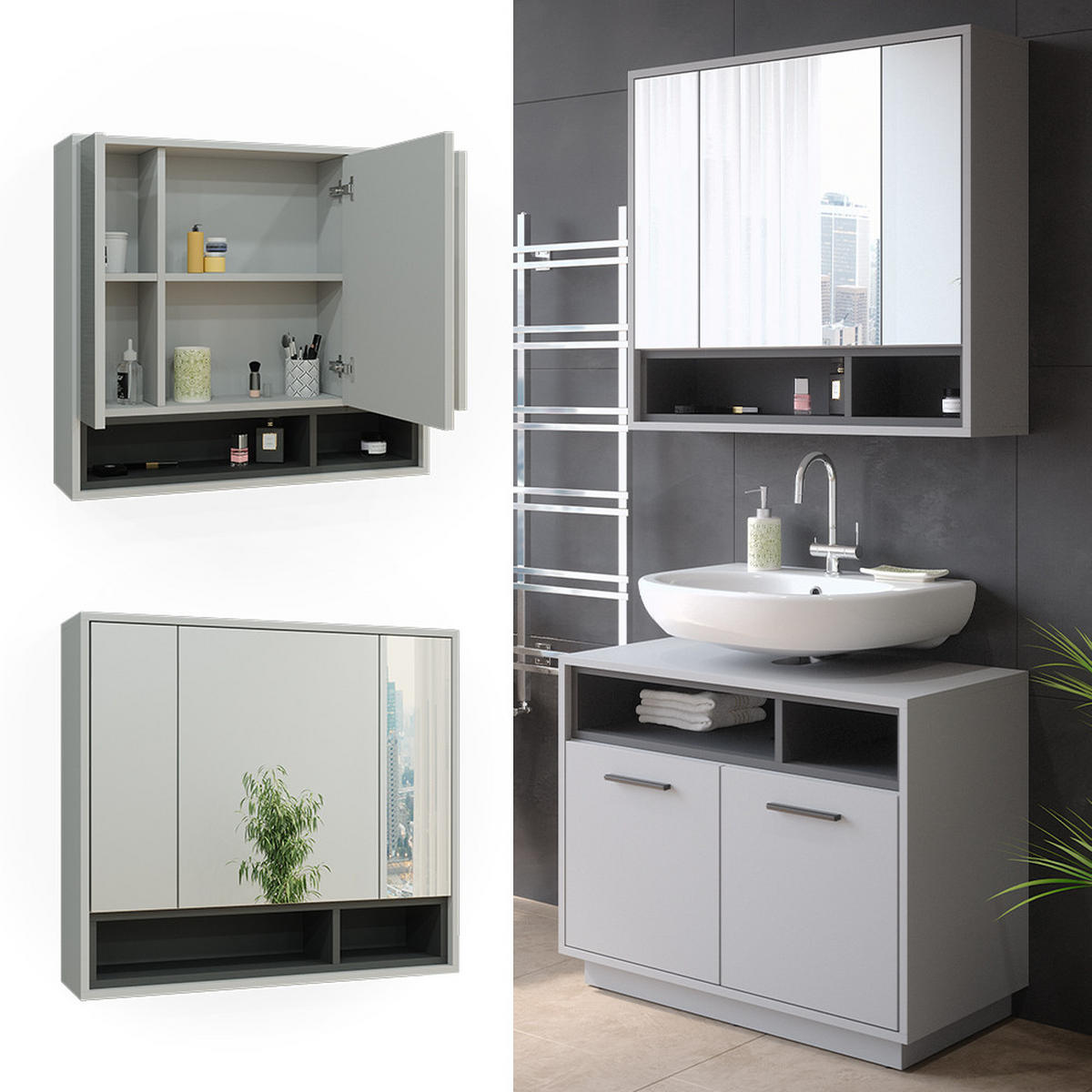 BADSPIEGELSCHRANK Beatrice Grau/Anthrazit 80 x 72 cm - Anthrazit/Grau, Holzwerkstoff (80/72/20cm) - Vicco