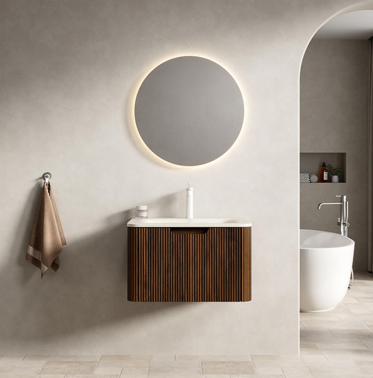 WASCHTISCHKOMBI mit gesintertem Steinbecken 60x46x37.5cm Beige & Nussbaum, LED-Soft-Close - Walnussfarben, Stein (46/37.5/60cm) - Modfu