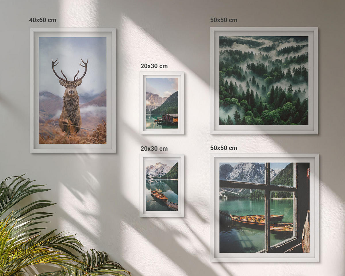 BILDER SET 5er Set - 50x50 cm & 20x30 cm & 40x60 cm Weißer Rahmen - Nebel auf dem Bergsee, Bootsfahrten, Nebel - Weiß, Kunststoff (40/60cm) - TULUP