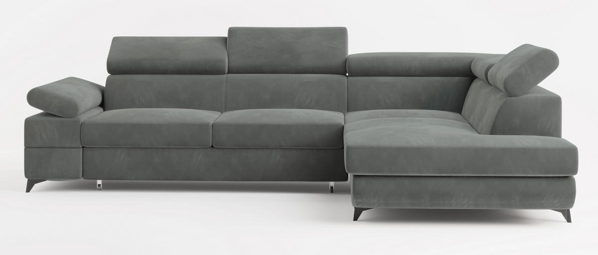 ECKSOFA FAVIEN R-S Grau Velours-Stoff mit Schlaffunktion - Grau, Holz (257/190cm) - MASSENO