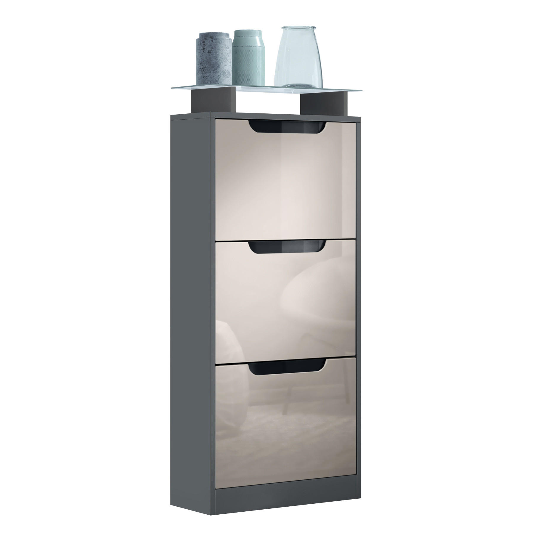 SCHUHSCHRANK Space Sandgrau Hochglanz - Sandfarben, Holzwerkstoff (46/128/23cm) - Vladon
