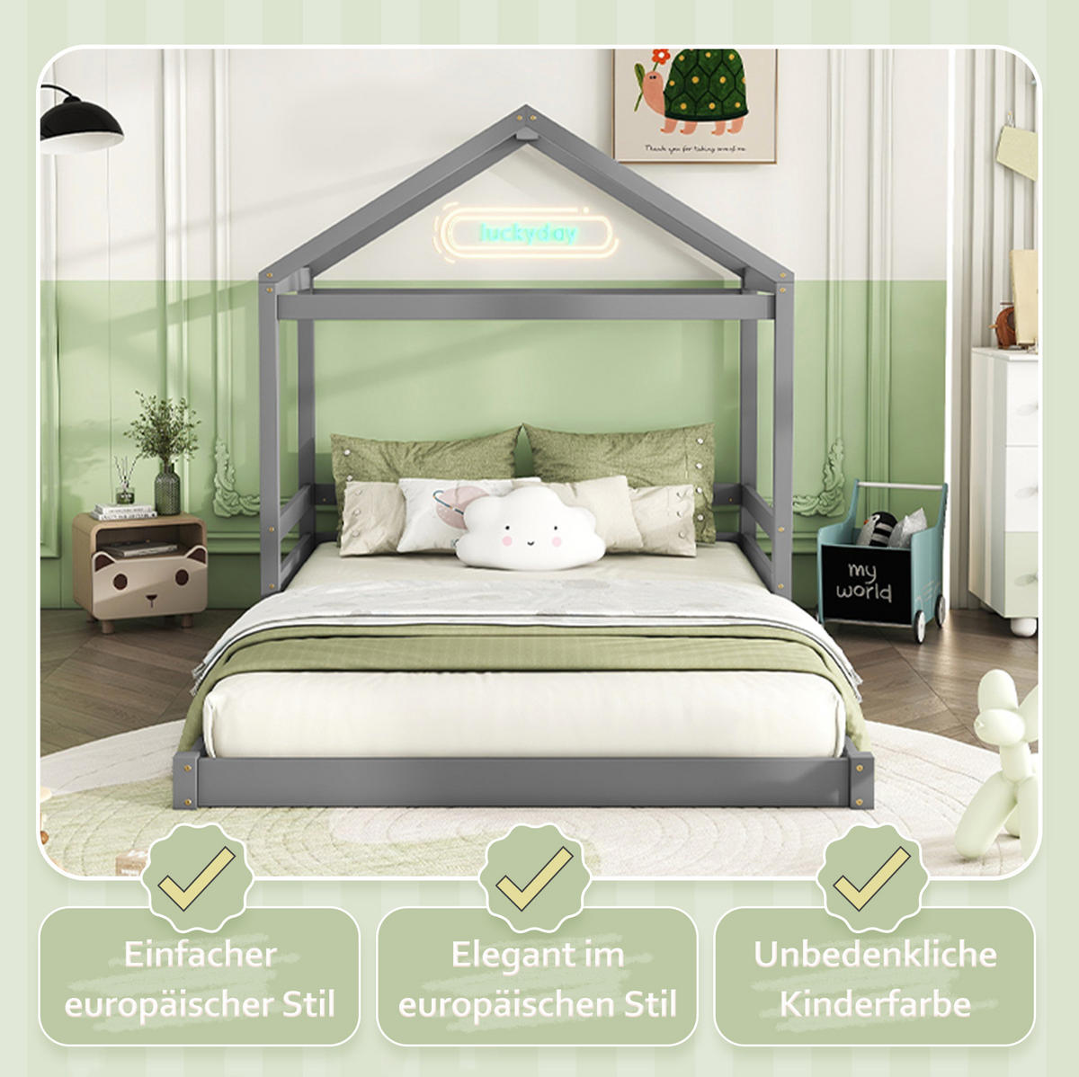 KINDERBETT 140/200 cm in Hausform mit Lattenrost aus Kiefer und MDF, Grau - Grau, Holzwerkstoff (140/200cm) - Redom