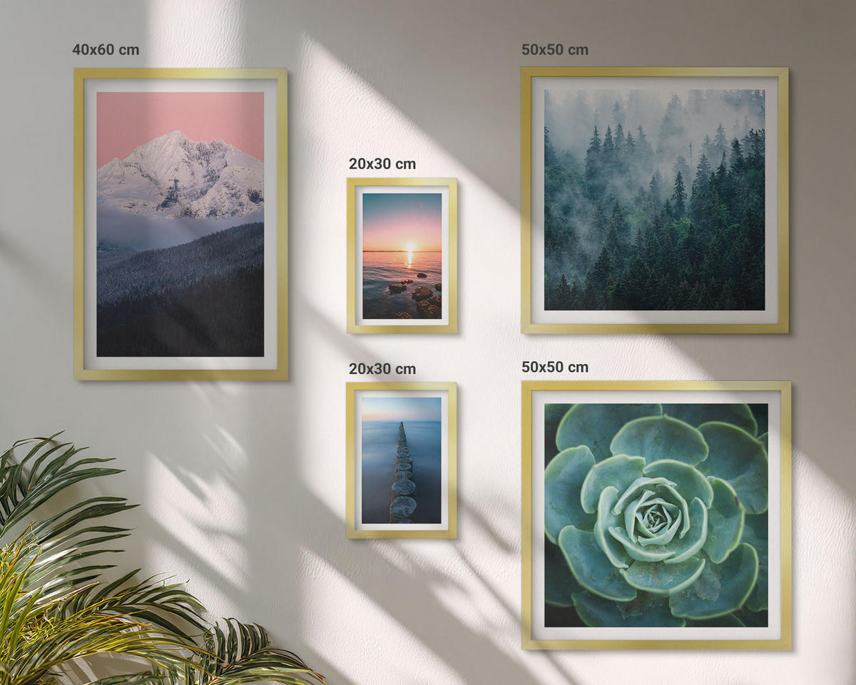 BILDER SET 5er Set - 50x50 cm & 20x30 cm & 40x60 cm Goldrahmen - Wasserfälle, Berge, Landschaften, Natur - Goldfarben, Kunststoff (40/60cm) - TULUP