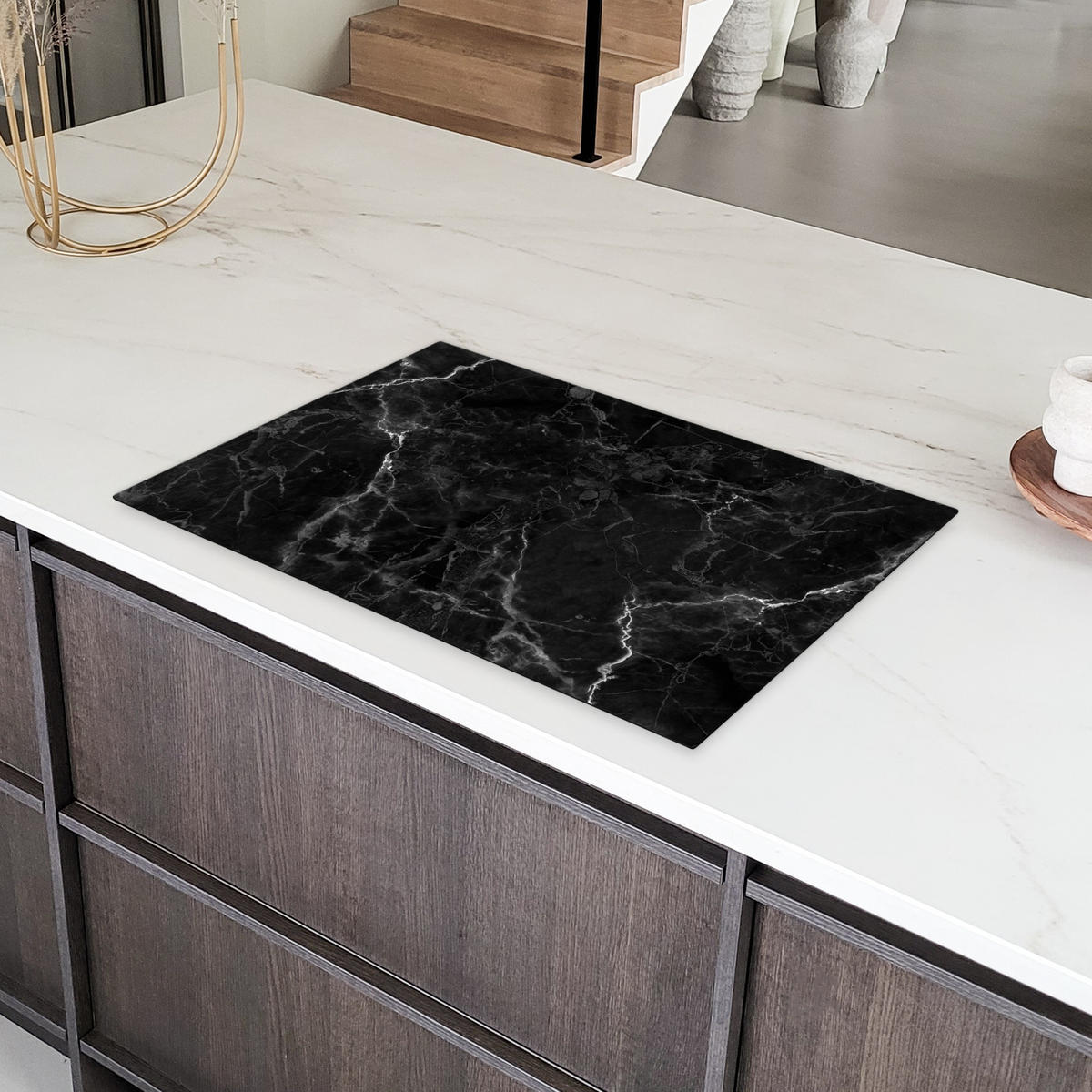 HERDABDECKPLATTE Marmor - Schwarz - Weiß - Textur - Marmoroptik Induktionsschutz 80x52.2 cm - Silberfarben, Kunststoff (80.2/52.2/0.2cm) - MuchoWow