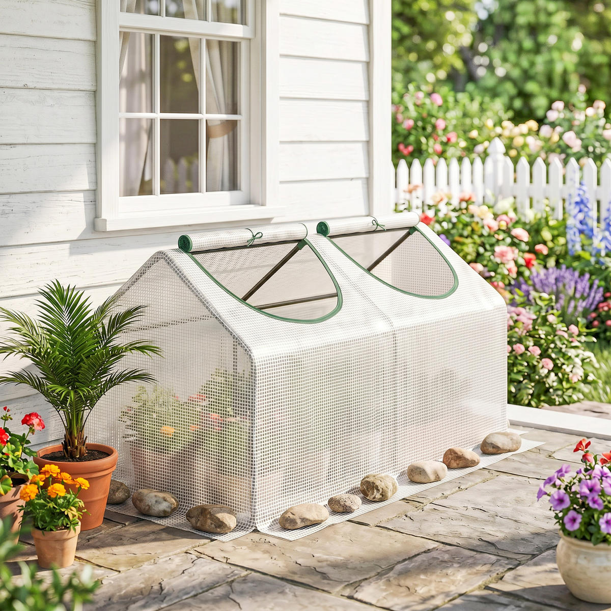 MINI-GEWÄCHSHAUS, 2 aufrollbare Fenster, HDPE 140g/m², 120x60x60cm, Weiß - Multicolor, Kunststoff (120/60/60cm) - FORIOUS