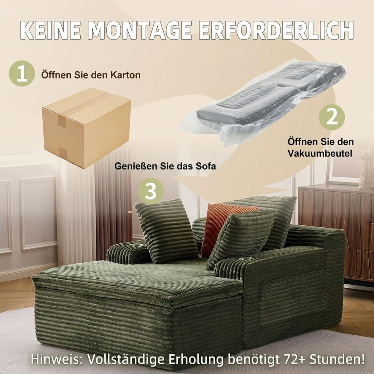 SCHLAFSOFA 165/112/63 cm Grün mit Chaiselongue, 3 Kissen und 1 Decke - Grün, Textil (112/63/165cm) - Oxeza