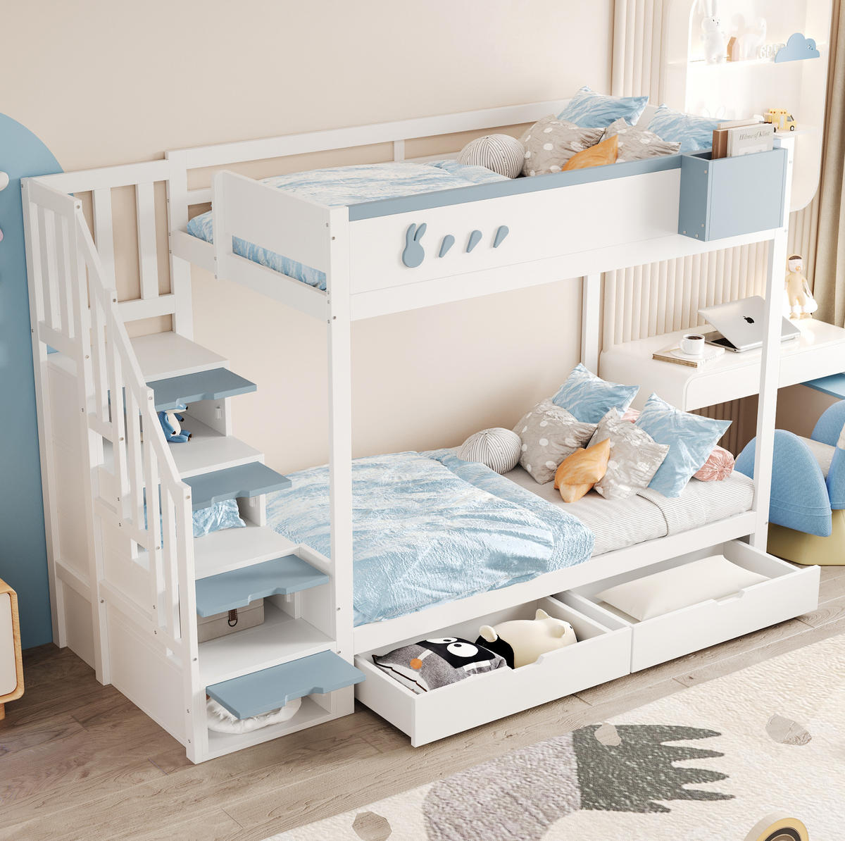ETAGENBETT 252,5/95/167 cm aus Holzwerkstoff und Kiefer mit Stauraumleiter Weiß/Blau - Weiß, Holz (90/200cm) - Modenvie