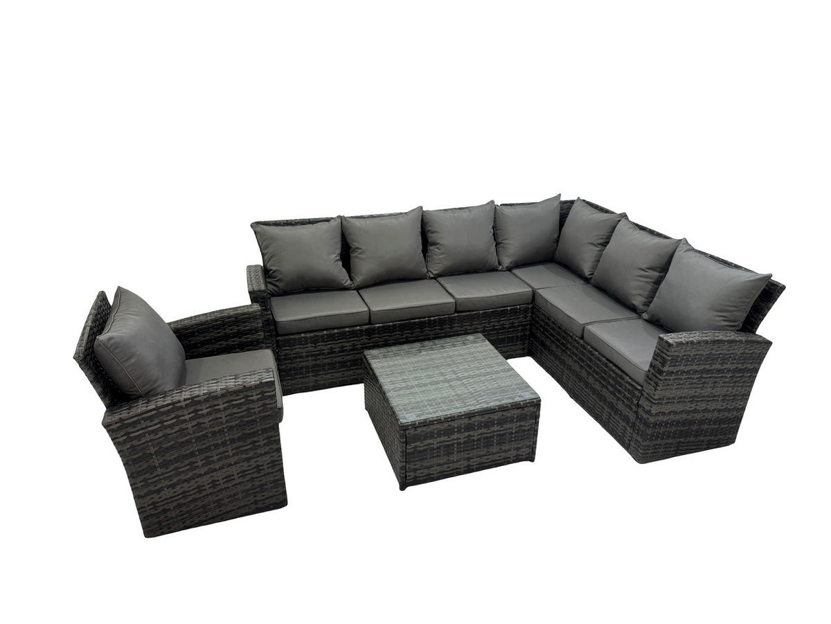 GARTENMÖBELSET Rechte Ecke Polyrattan Dunkelgrau 7-Sitzer - Dunkelgrau/Grau, Glas/Kunststoff - Fimous