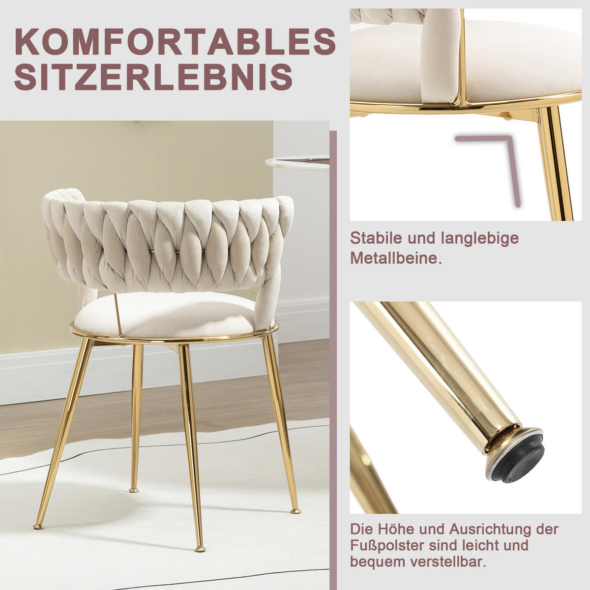JÍDELNÍ ŽIDLE sada 2 ks samet slonová kost a zlato s pleteným opěradlem - magnolie, textil (57/70/43cm) - Urban Meuble