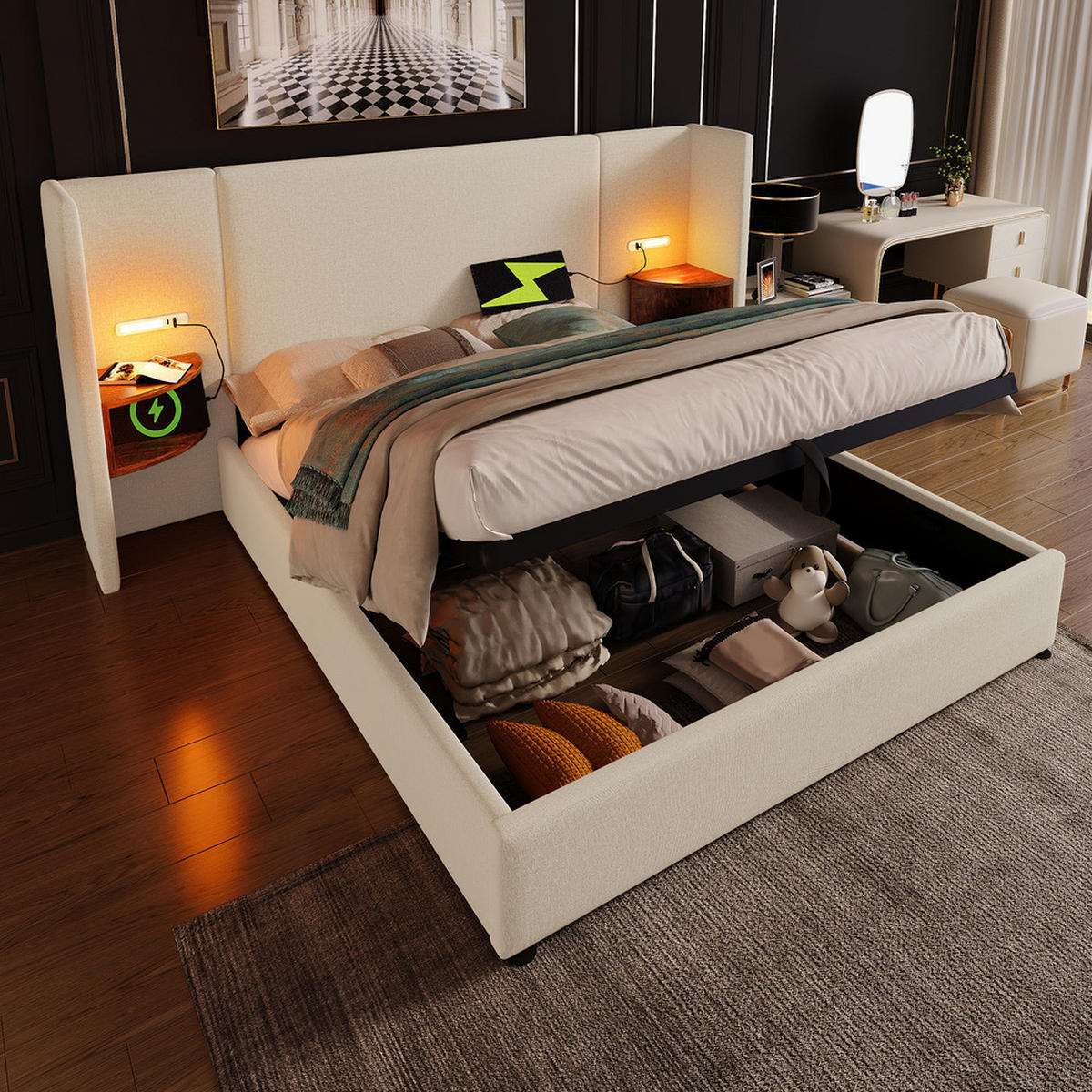 POLSTERBETT 160x200cm Doppelbett mit Nachttisch Leselampe & USB-C Beige - Beige, Holz - FLIEKS