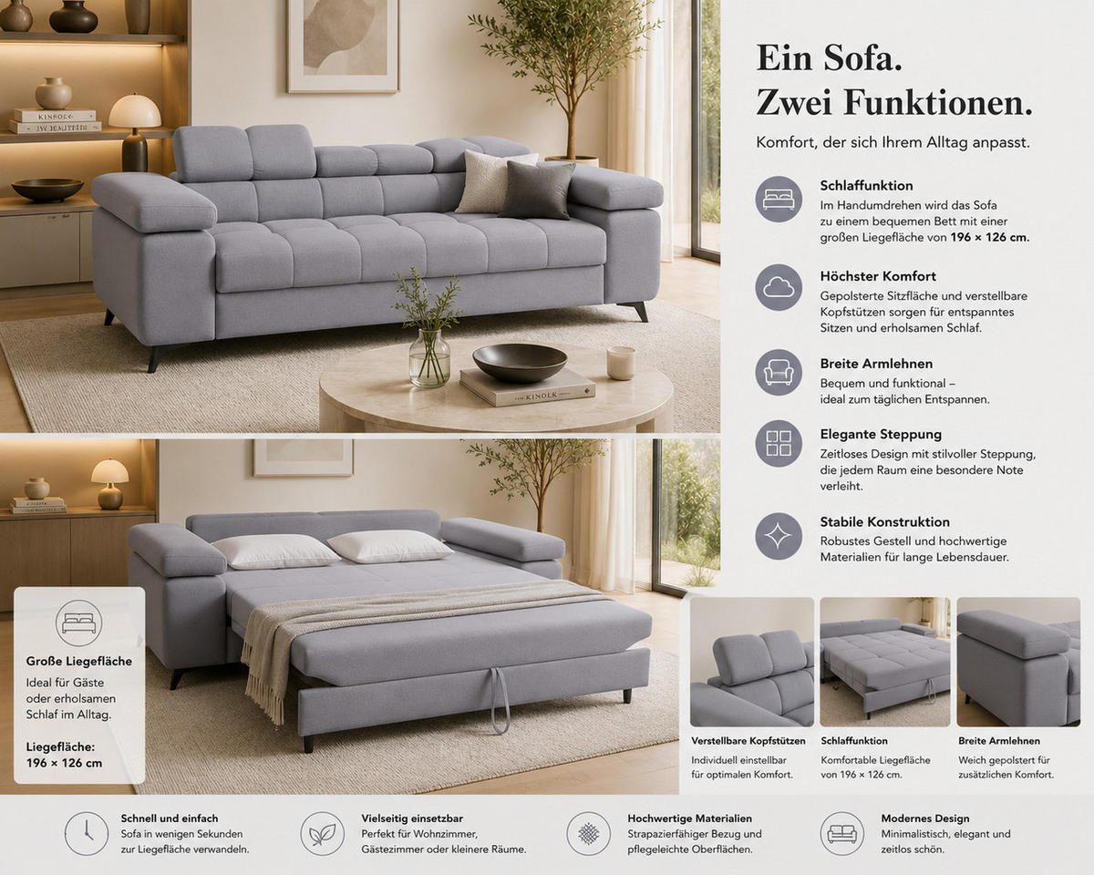 SCHLAFSOFA FJORD, 3-sitzer, verstellbarer Kopfstütze, Schlaffunktion, grau - Grau, Textil (260/90/97cm) - KS Home Concept