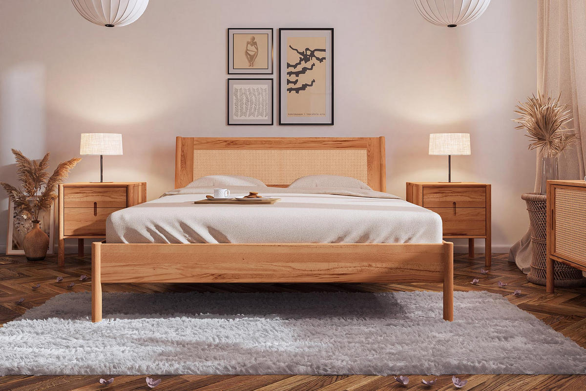 BETT MIT RATTANKOPFTEIL INA 90x220 Kernbuche - Creme, Holz (90/220cm) - byoak