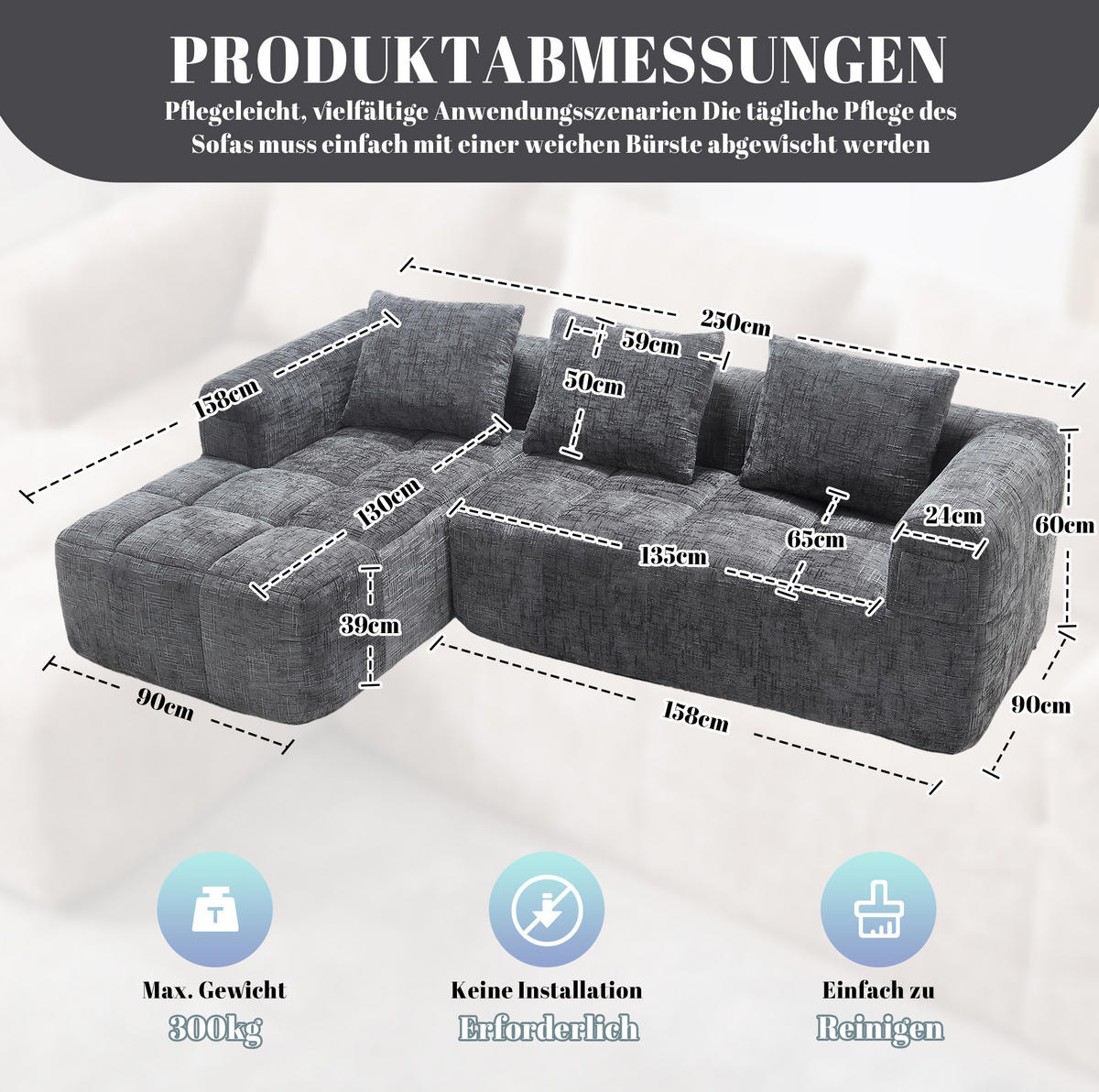 ECKSOFA 250/158/60 cm grau aus Chenille mit Seitentaschen - Grau, Textil (250/158cm) - OKWISH