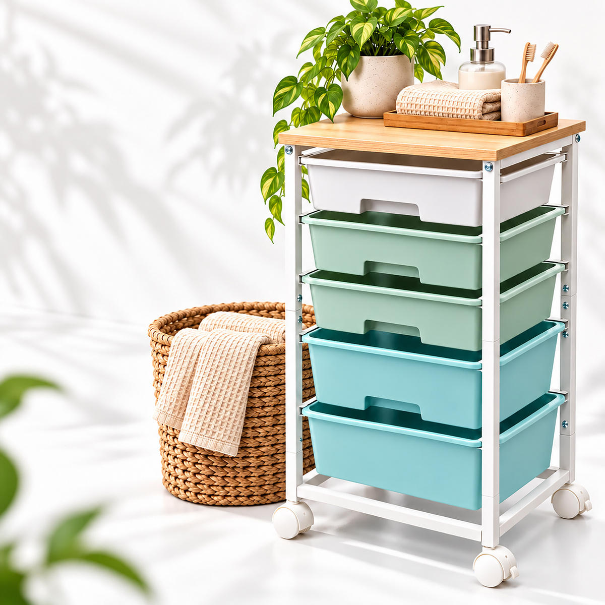 ROLLWAGEN Grün 5-Schubladen - Multicolor, Holzwerkstoff/Kunststoff (38.5/77/28.5cm) - Relaxdays