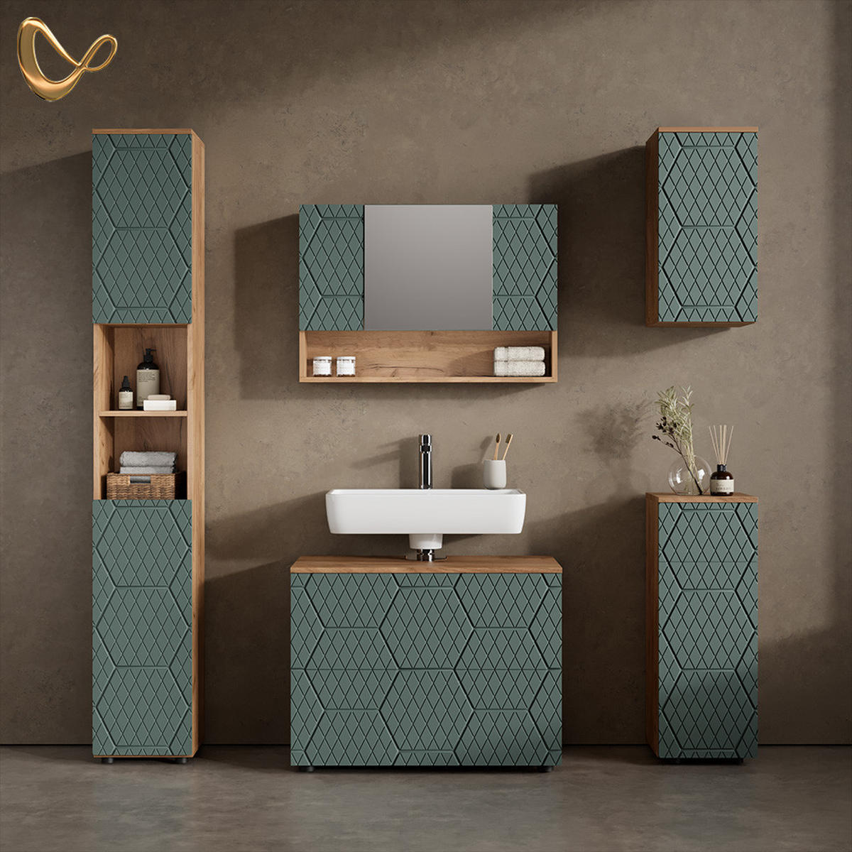 BADMÖBEL-SET Ronco Grün/Goldkraft Eiche 5 Teile - Eiche Wotan/Grün, Holzwerkstoff (80/58/41cm) - Livinity®