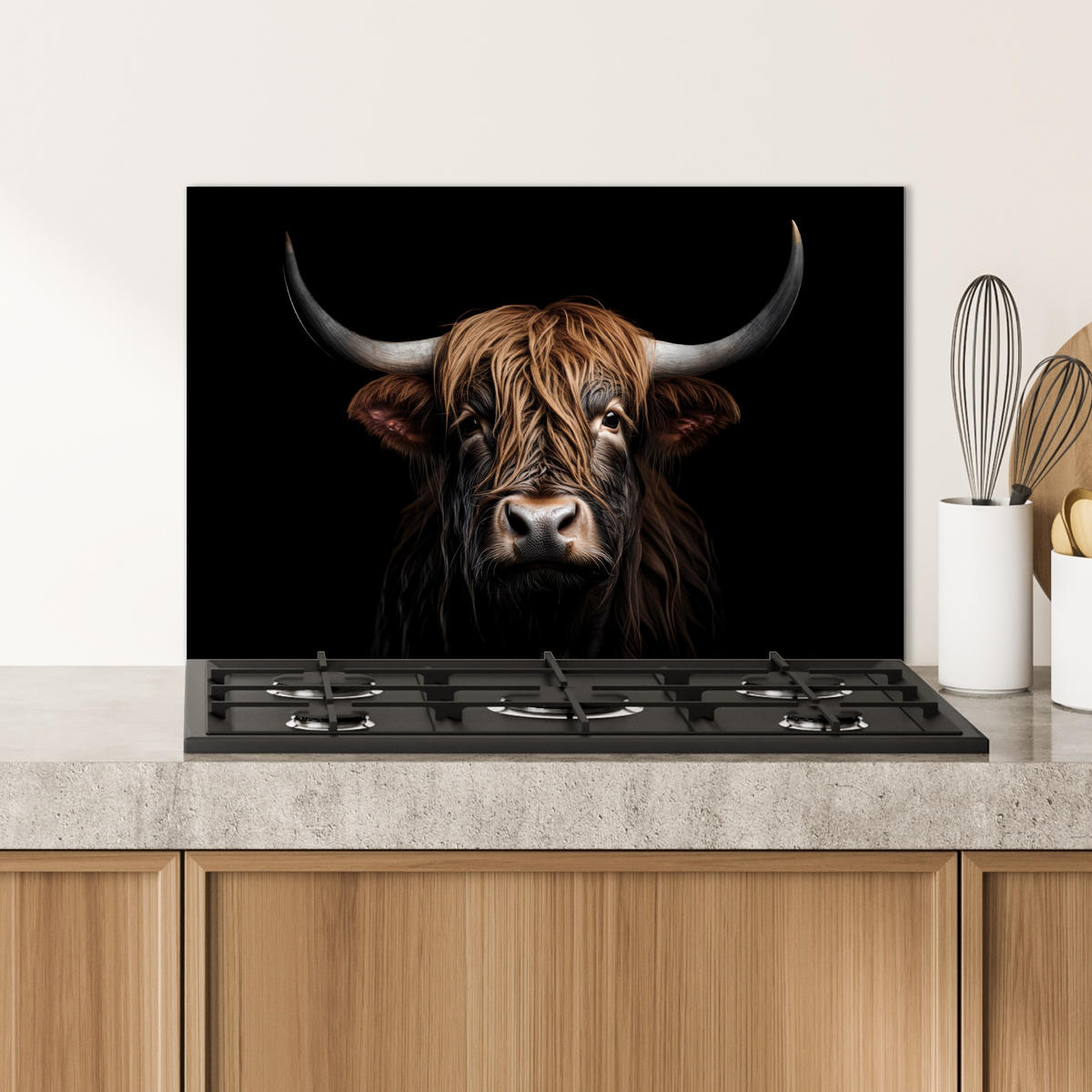 SPRITZSCHUTZ KÜCHE Schottischer Highlander - Porträt - Schwarz - Tier 60x40 cm - Braun, Metall (60/0.3/40cm) - MuchoWow
