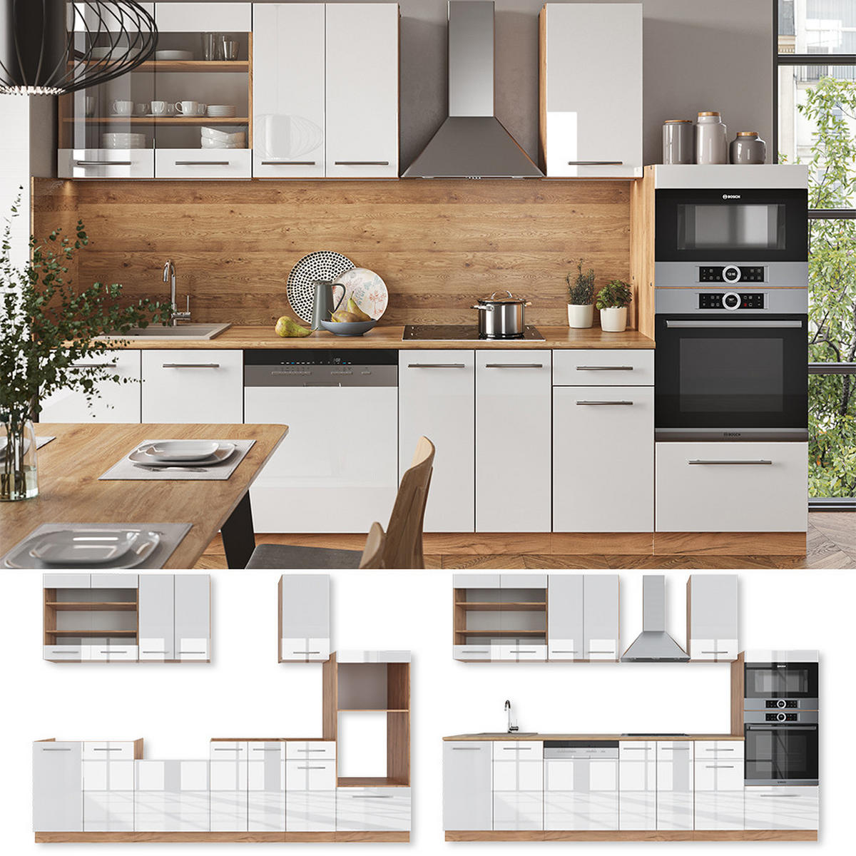 KÜCHENZEILE Fame-Line Weiß Hochglanz/Goldkraft Eiche 300 cm AP Marmor - Honigeiche/Weiß Hochglanz, Holzwerkstoff (300/81.6/60cm) - Vicco