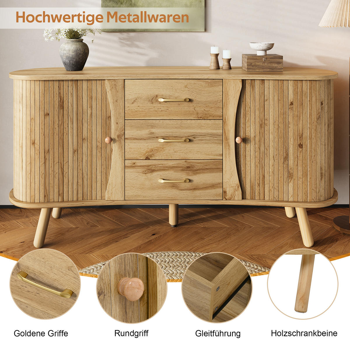 SIDEBOARD Skandi Holzoptik Schiebetüren Schubladen MDF - Honigeiche, Holzwerkstoff (36.5/75/150cm) - FLIEKS