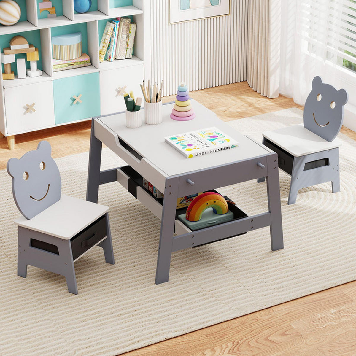 KINDERTISCH mit stuhl grau(3-tlg) - Grau, Holzwerkstoff (70/45/60.5cm) - COSTWAY