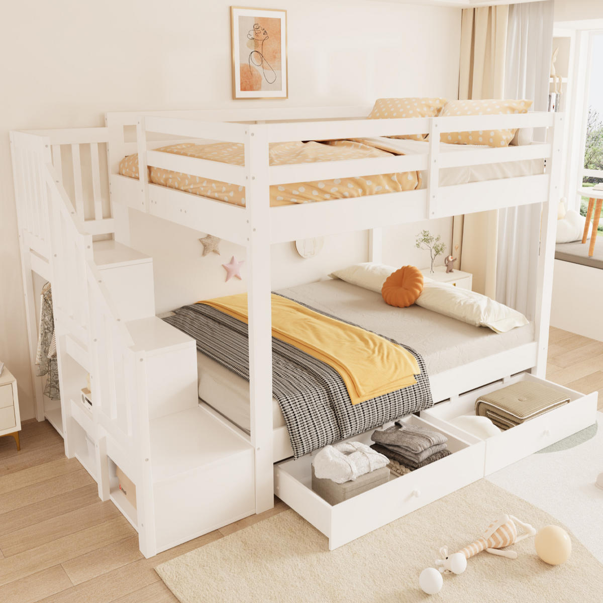 ETAGENBETT 140x200 cm Weiß mit Stauraumtreppe, Kleiderhaken und 2 Schubladen - Weiß, Holz (140/200cm) - Modfu