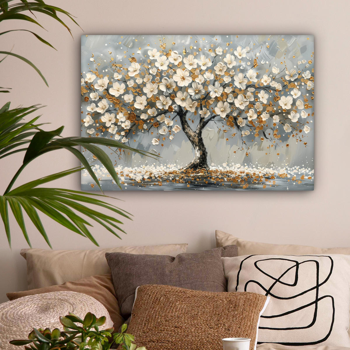LEINWANDBILD Baum - Blumen - Weiß - Natur - Kunst Wanddeko 90x60 cm - Weiß, Textil (90/60cm) - MuchoWow