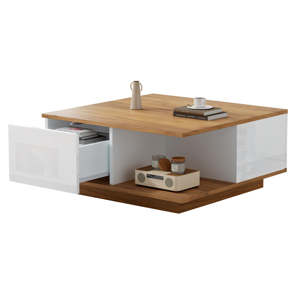 COUCHTISCH 70/70/31,5 cm mit 3 Schubladen und offenem Fach, Hochglanz-Fronten aus Spanplatte, Weiß/Walnuss - Walnussfarben, Holzwerkstoff (70/70/31.5cm) - Modfu