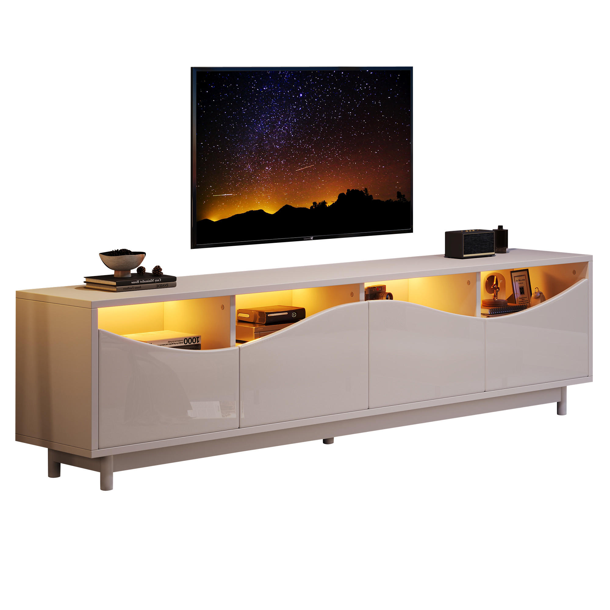STILVORA TV STOLEK bílý s úložným prostorem a LED osvětlením, do obývacího pokoje, 175×38×51 cm