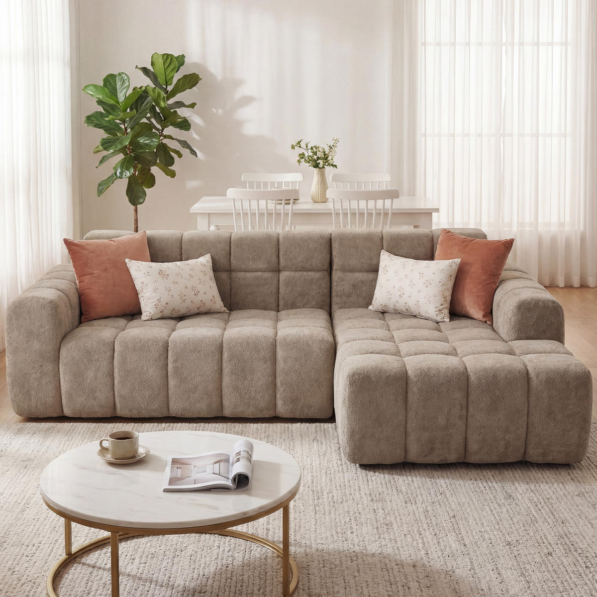 ECKSOFA 250/150 cm in Khaki modular in L Form aus Velours - Braun, Textil (99.9/249.9cm) - BEAOK