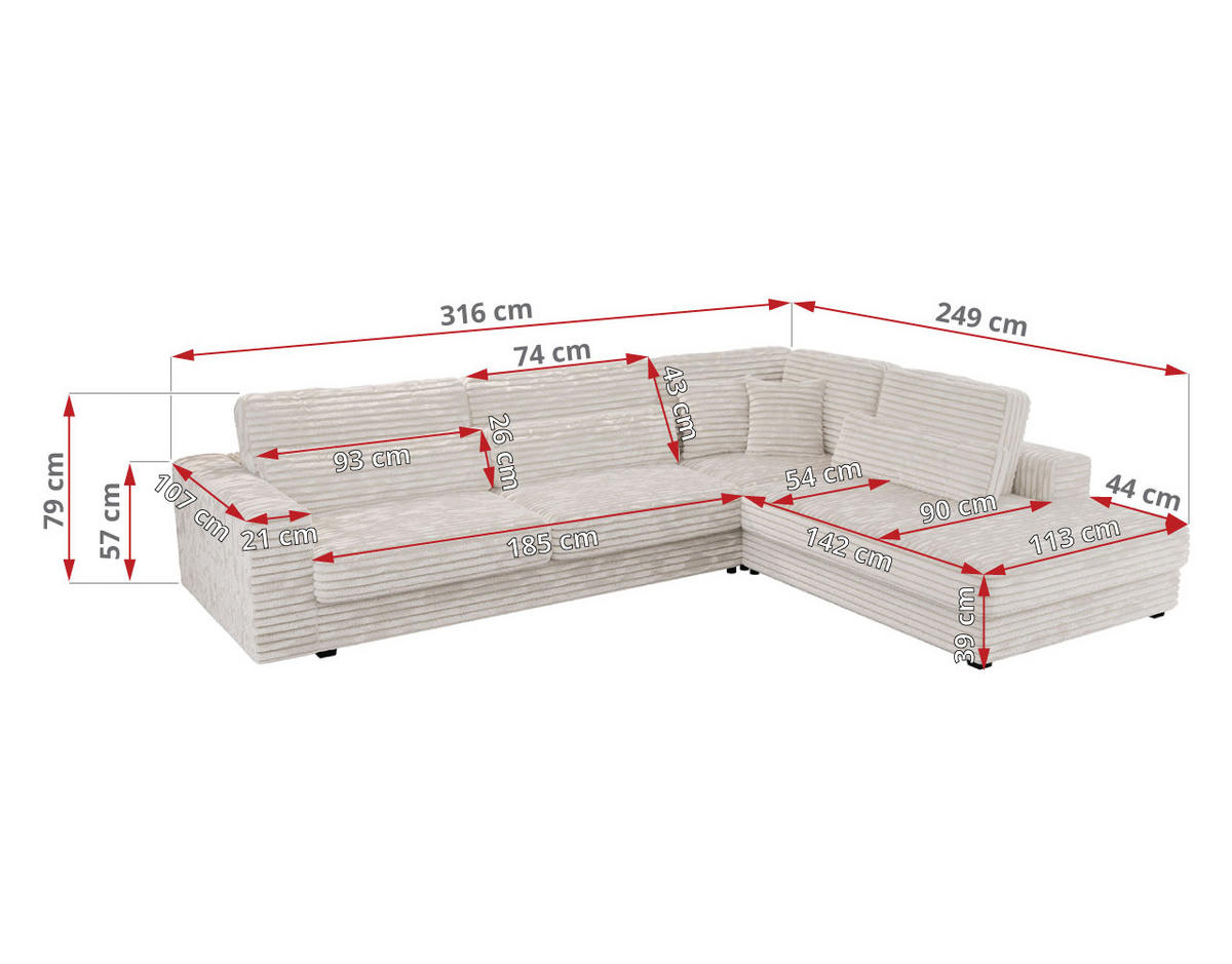 ECKSOFA Savona Beige breiter Cord - links - Beige/Schwarz, Kunststoff/Textil (316/249cm) - MKS