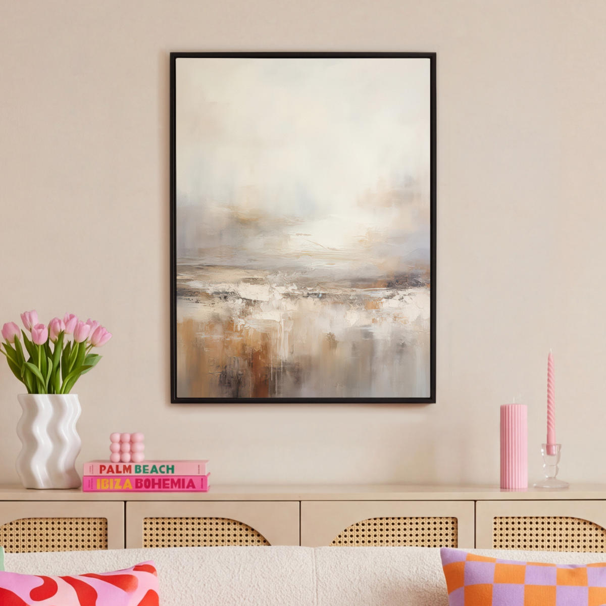 LEINWAND Bilder mit Rahmen - Kunst - Industriell - Grau - Braun - Abstrakt - 70x100 - Sandfarben, Textil (70/100cm) - MuchoWow