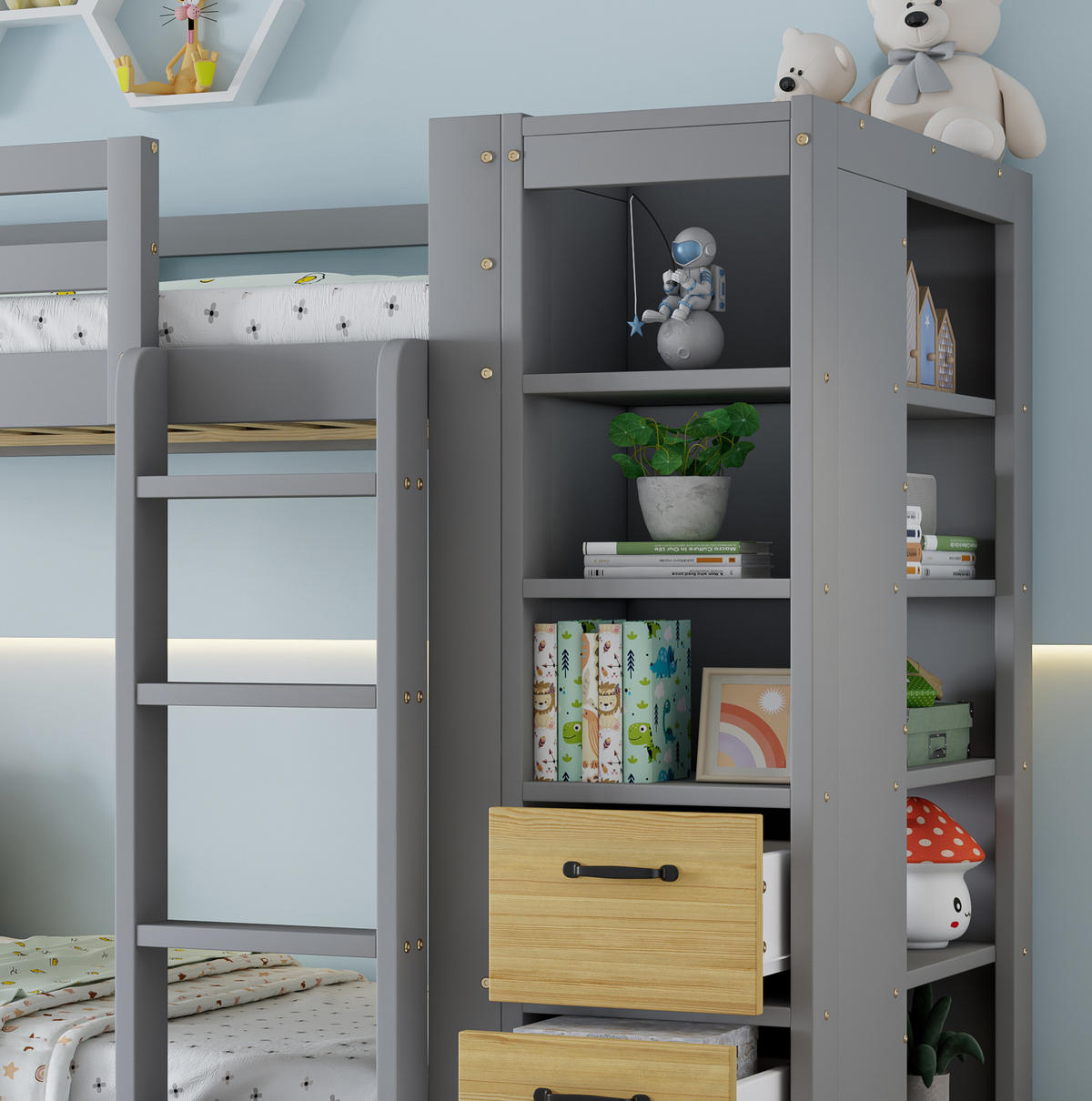 ETAGENBETT 90/200 cm Hellgrau mit Nachtkommode, Regal und Schubladen ohne Matratze - Hellgrau, Holz (90/200cm) - MIVRAY