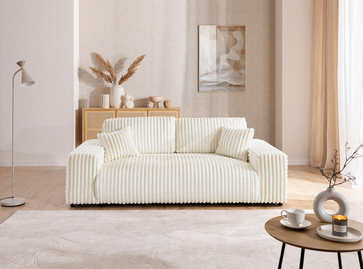 3-SITZER-SOFA Mollis Hellbeige Plüschcord - Beige/Schwarz, Holz/Kunststoff (213/79/108cm) - S-Style Möbel