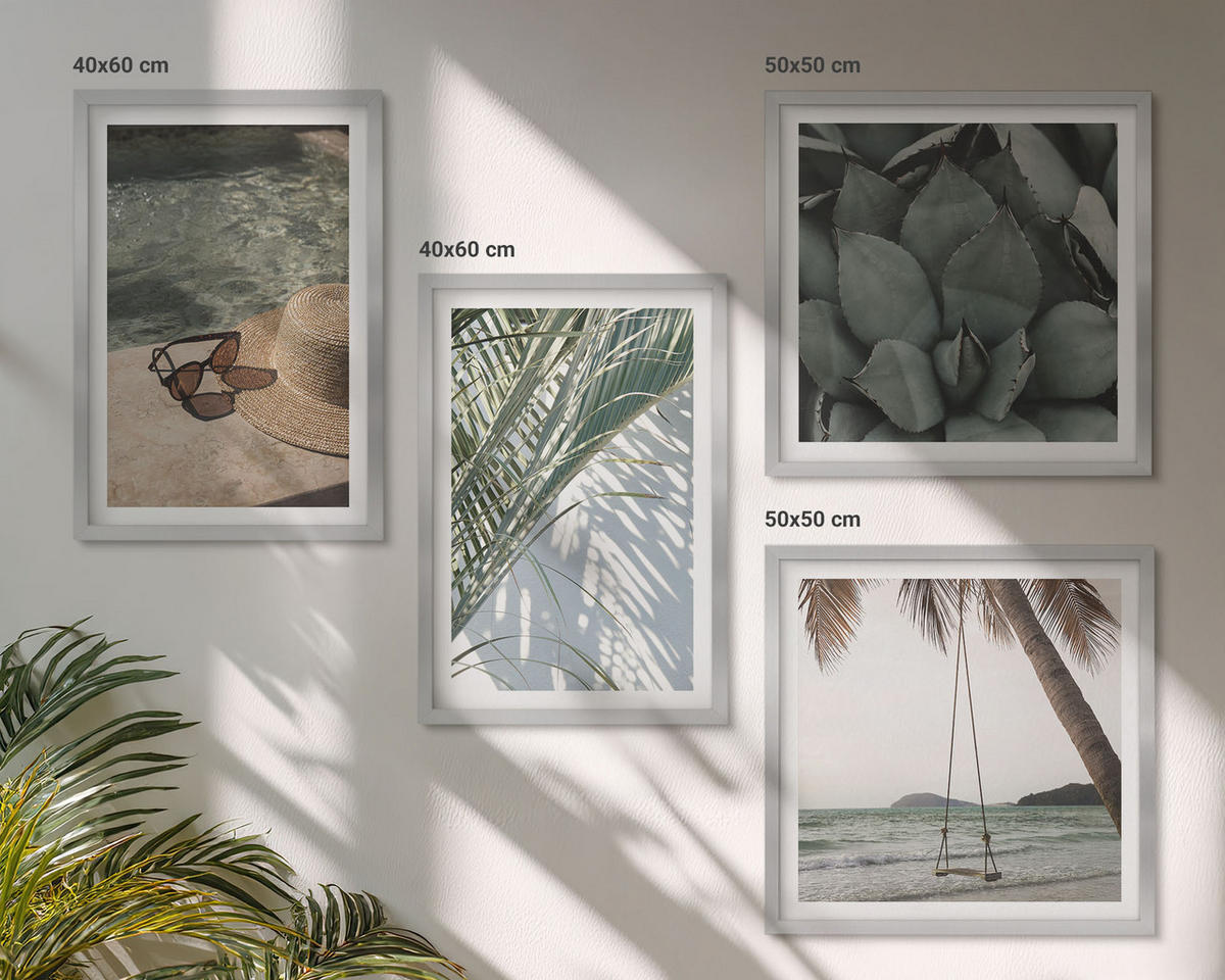 WANDBILDER 4er Set - 50x50 cm & 40x60 cm Silberner Rahmen - Tropische Pflanzen für den Urlaub - Silberfarben, Kunststoff (50/50cm) - ArtPrintCave