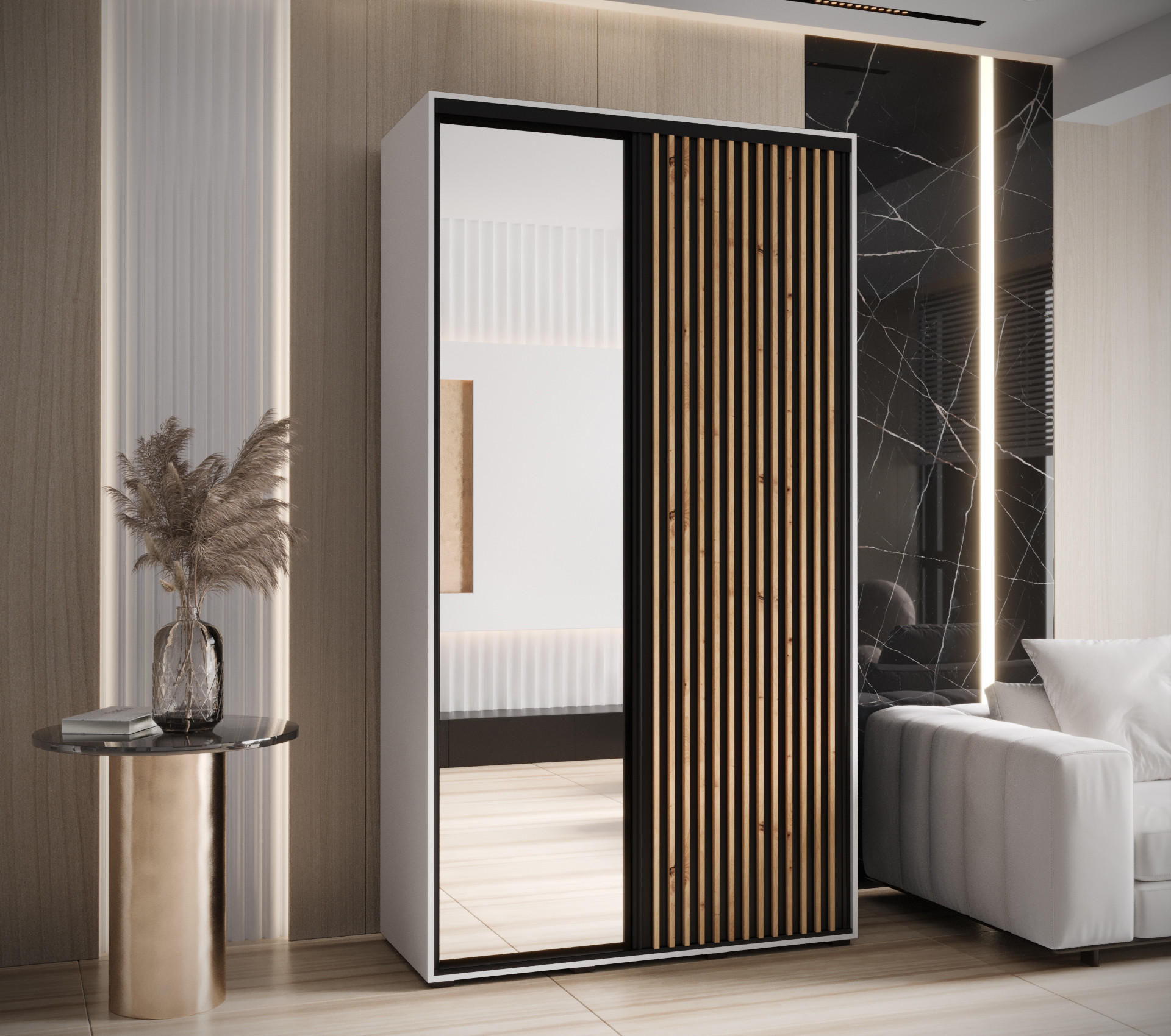 SCHWEBETÜRENSCHRANK 235,2/130/60 2-türig - Schwarz/Weiß, Holz/Metall (130/235/60cm) - Abiks Möbel