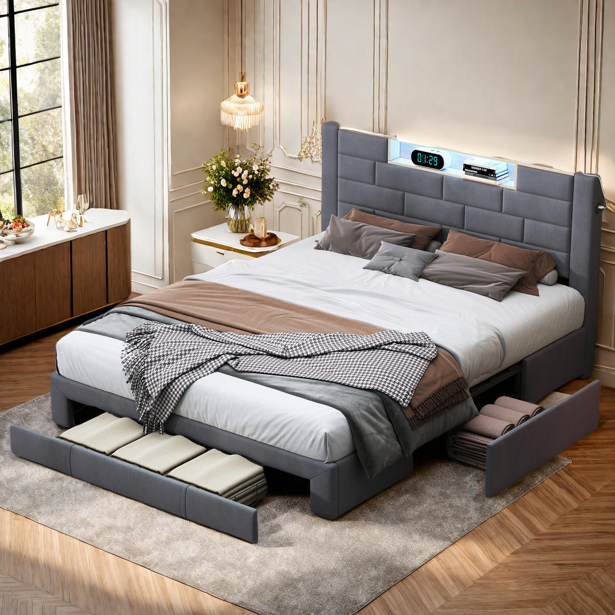 POLSTERBETT 140x200 cm Grau Samt LED USB Schubladen Kopfteil - Grau, Holz (140/200cm) - SHOPENTRA