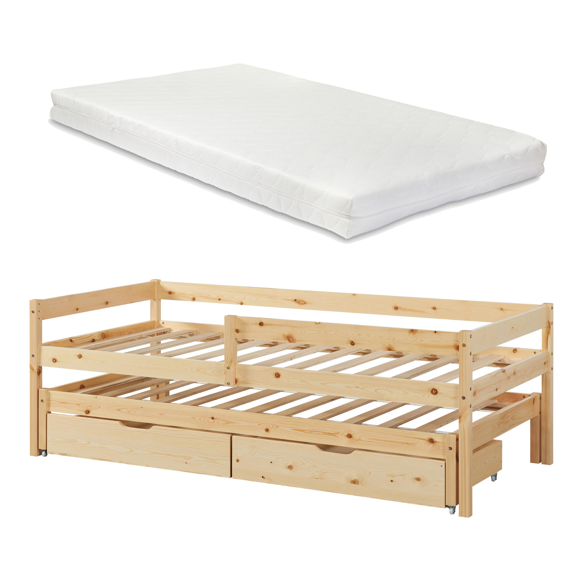DOPPEL-KINDERBETT Sonkajärvi mit Matratze - Naturfarben, Holz (90/200cm) - [en.casa]