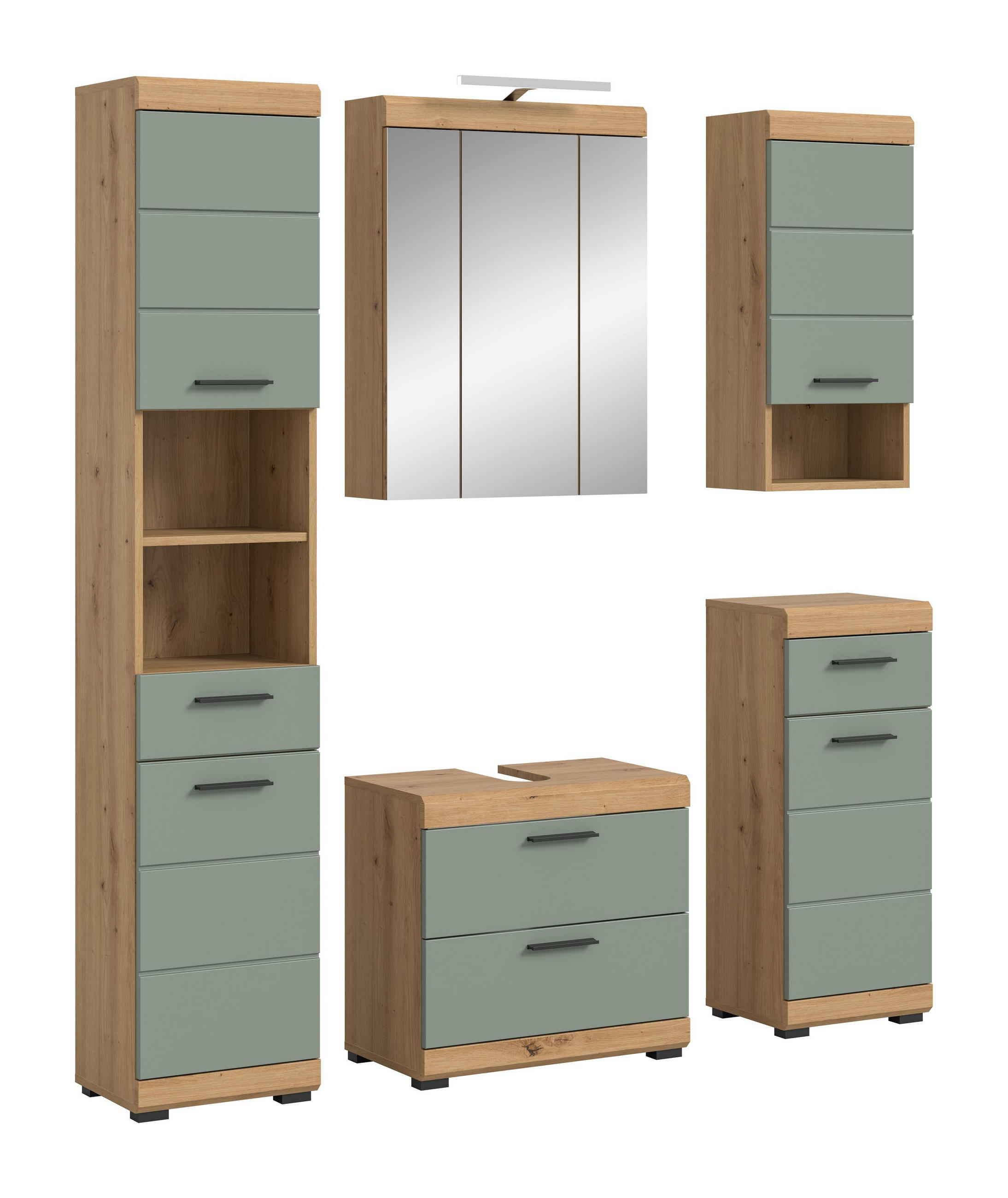 BADKOMBINATION 5tlg. Scout Bad in Artisan Eiche Nachbildung und Salbei Nachbildung B/H/T: 164x191x34 cm - Eiche Artisan, Holz (164/191/37cm)