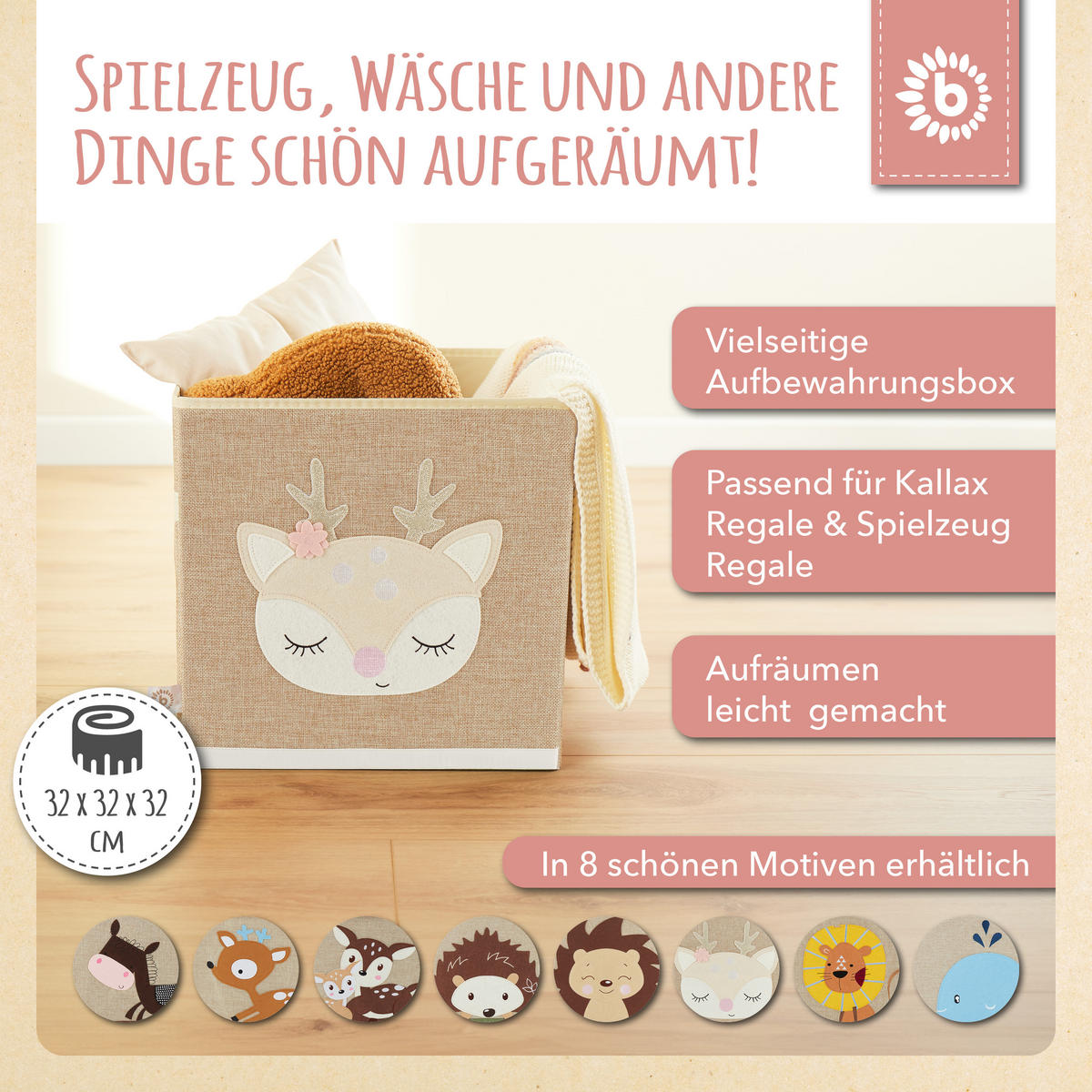 AUFBEWAHRUNGSBOX Kinder Reh Ella - Beige/Creme, Textil (33/33cm) - Bieco Spielwaren