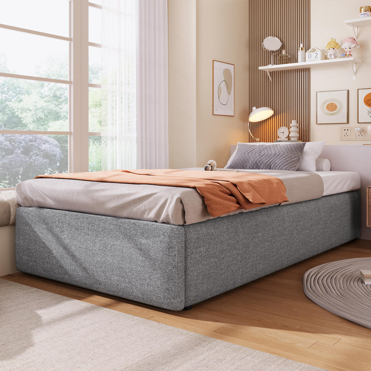 POLSTERBETT 90/200 cm in Grau Stoff mit Bettkasten und Schublade - Weiß, Holzwerkstoff/Textil (90/200cm) - WISHDOR