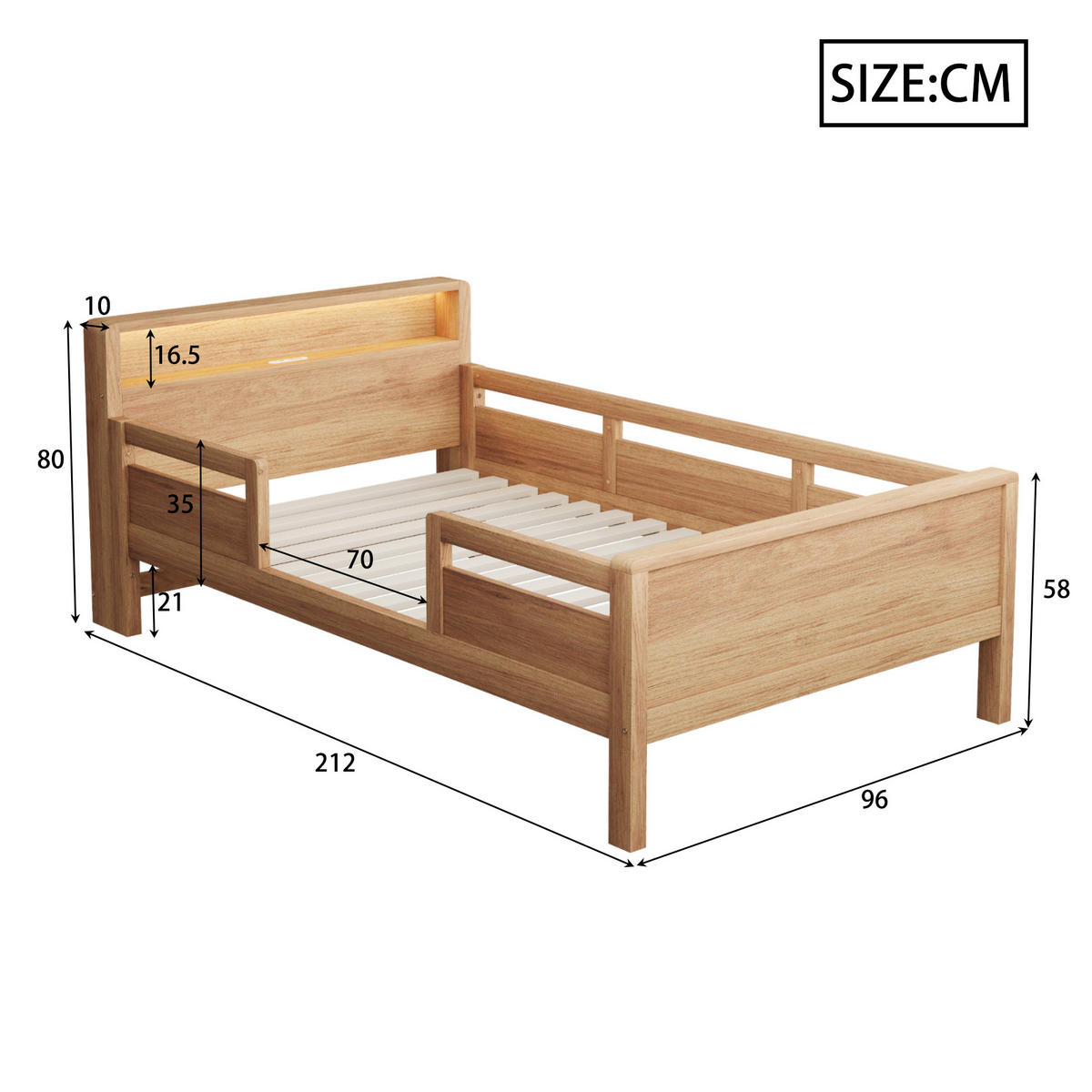 KINDEREINZELBETTEN aus Kiefernholz 90x200 cm in Natur mit LED & Ladeanschluss - Naturfarben, Holzwerkstoff (90/200cm) - Modfu