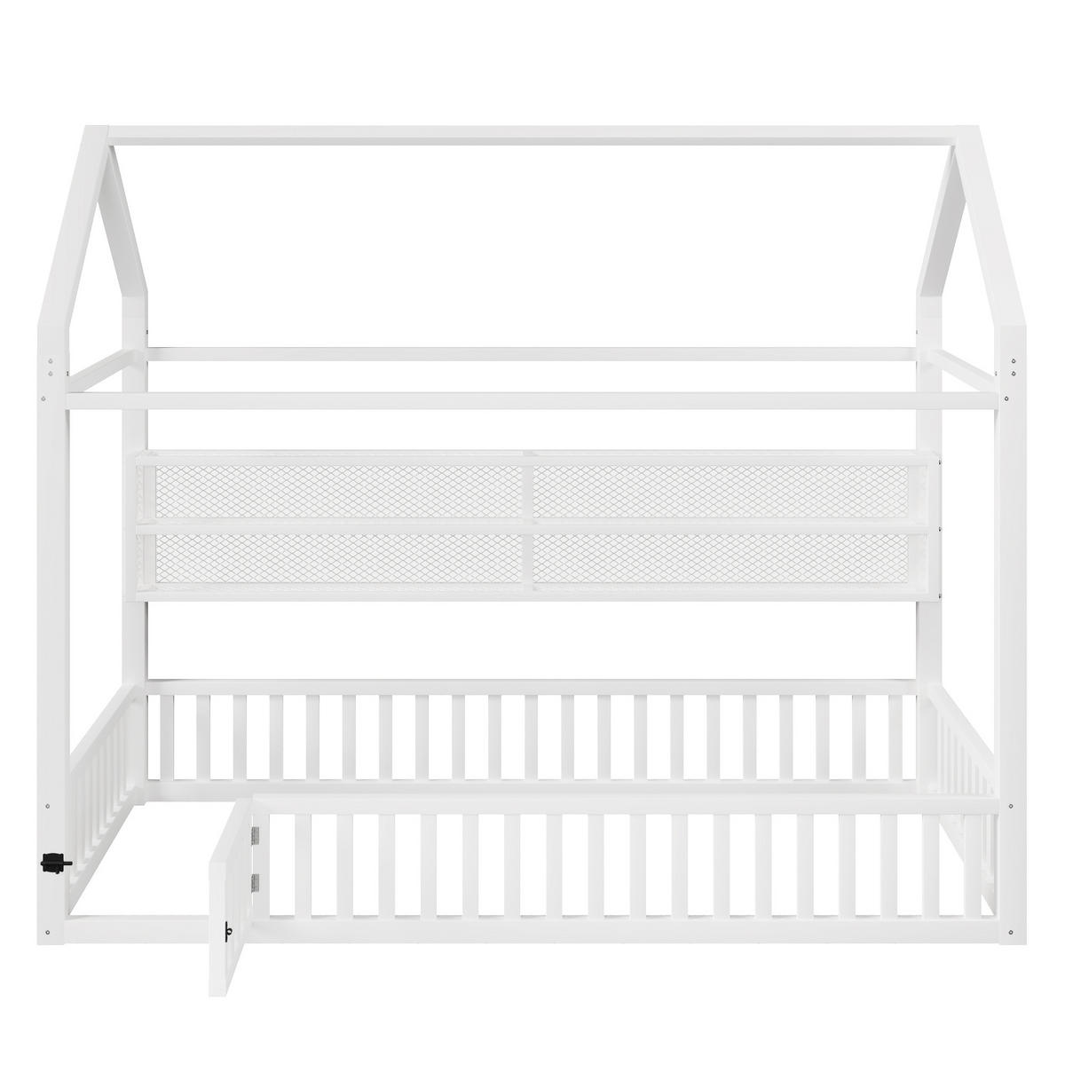 HAUSBETT 90/200 cm weiß aus Metall mit LED-Beleuchtung und Sicherheitszaun - Weiß, Metall (90/200cm) - OKWISH