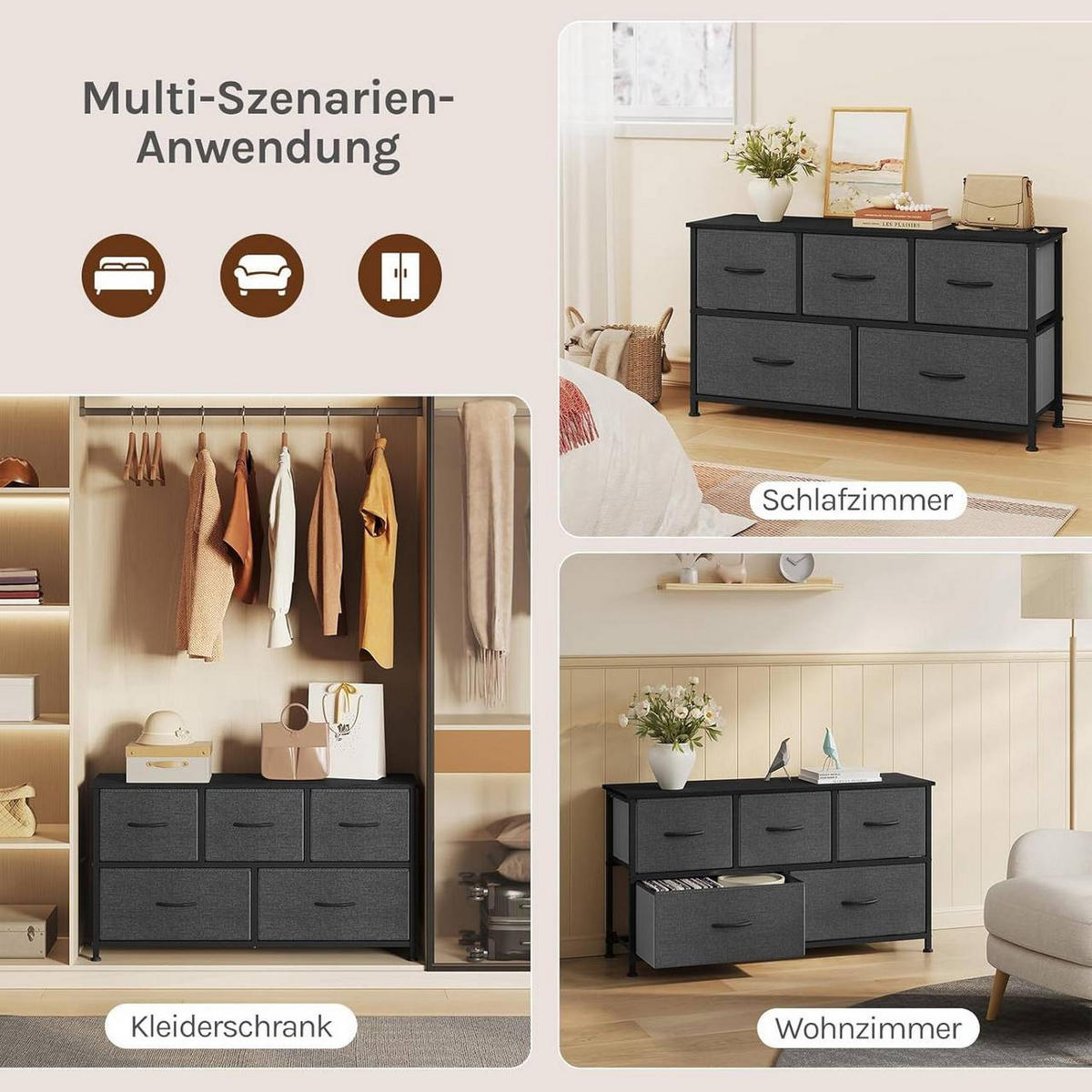 KOMMODENSCHRANK mit 5 Schubladen aus Holzwerkstoff ,Metallrahmen,Schwarz + Dunkelgrau - Dunkelgrau/Schwarz, Holzwerkstoff/Metall (100/54/30cm) - Woltu