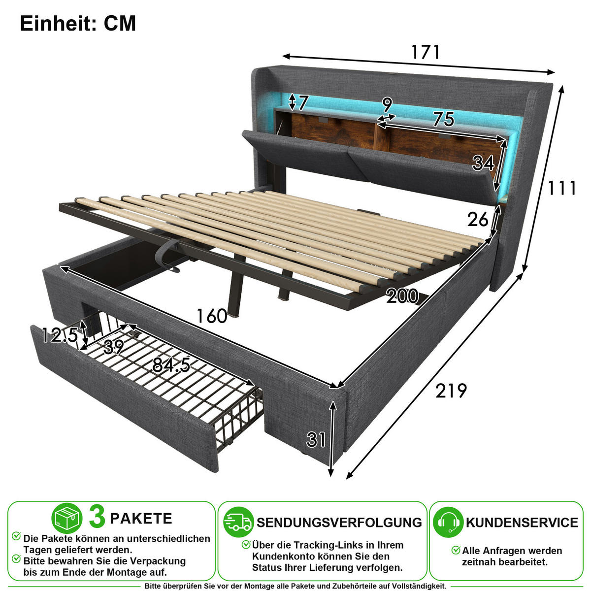 POLSTERBETT 160/200 cm in Grau Leinen mit Bettkasten, Schublade, LED und USB-C - Grau, Holzwerkstoff/Textil (160/200cm) - CHICFURN