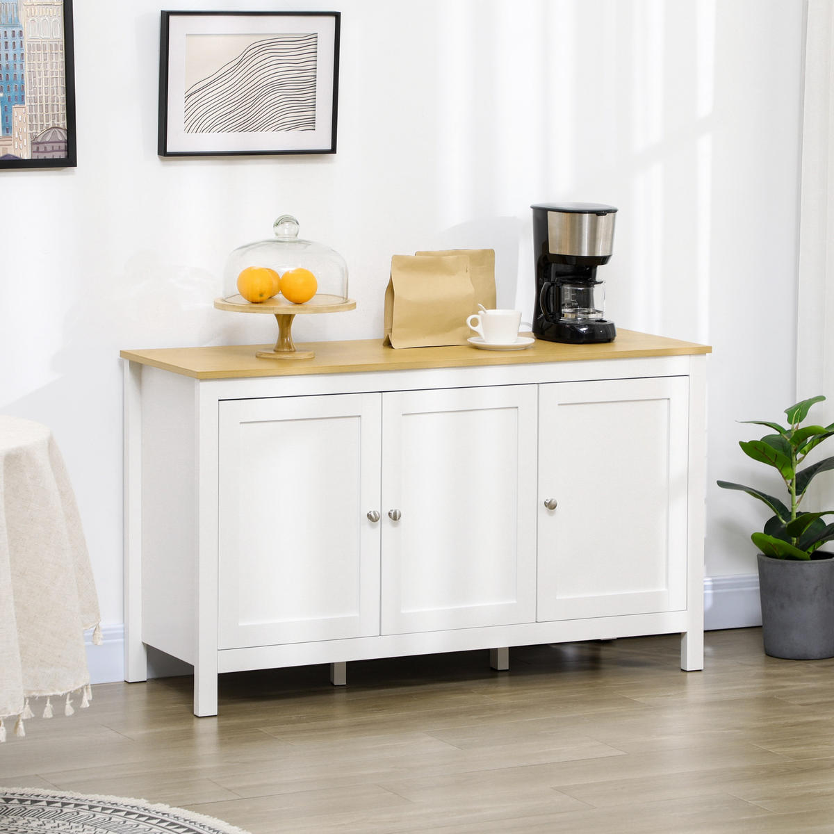 SIDEBOARD Weiß und Eiche-Nachbildung, 3 Türen, 120/40/70 cm - Weiß, Holz (120/70/40cm) - PANGIVO