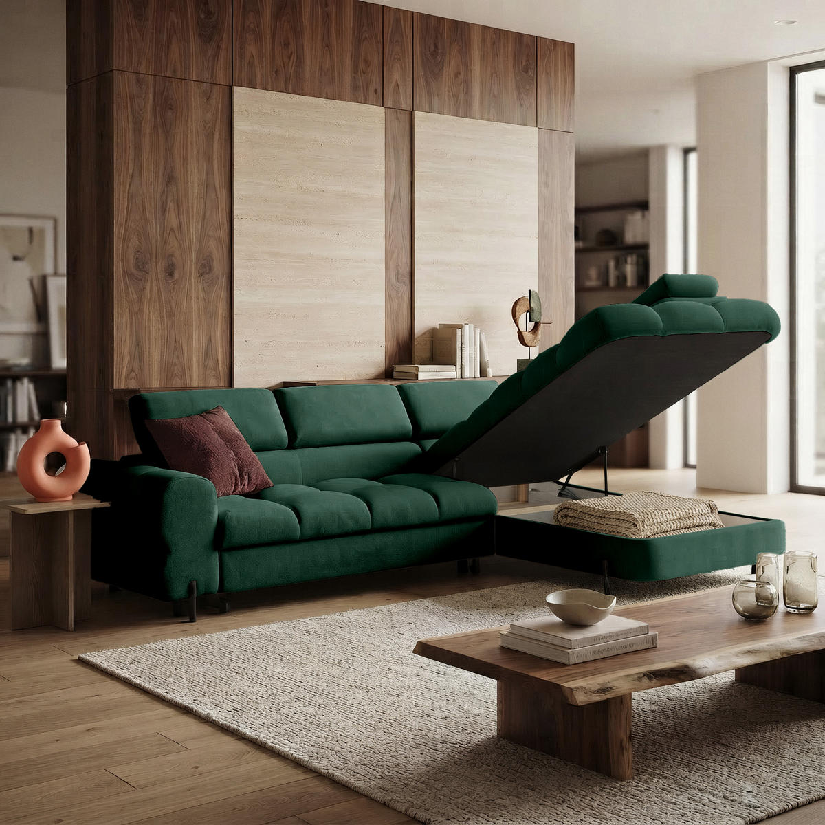 ECKSOFA BOWL L Rechts mit Schlaffunktion 125x195 Velours Grün - Schwarz/Grün, Holz/Textil (195/260cm) - Muffo