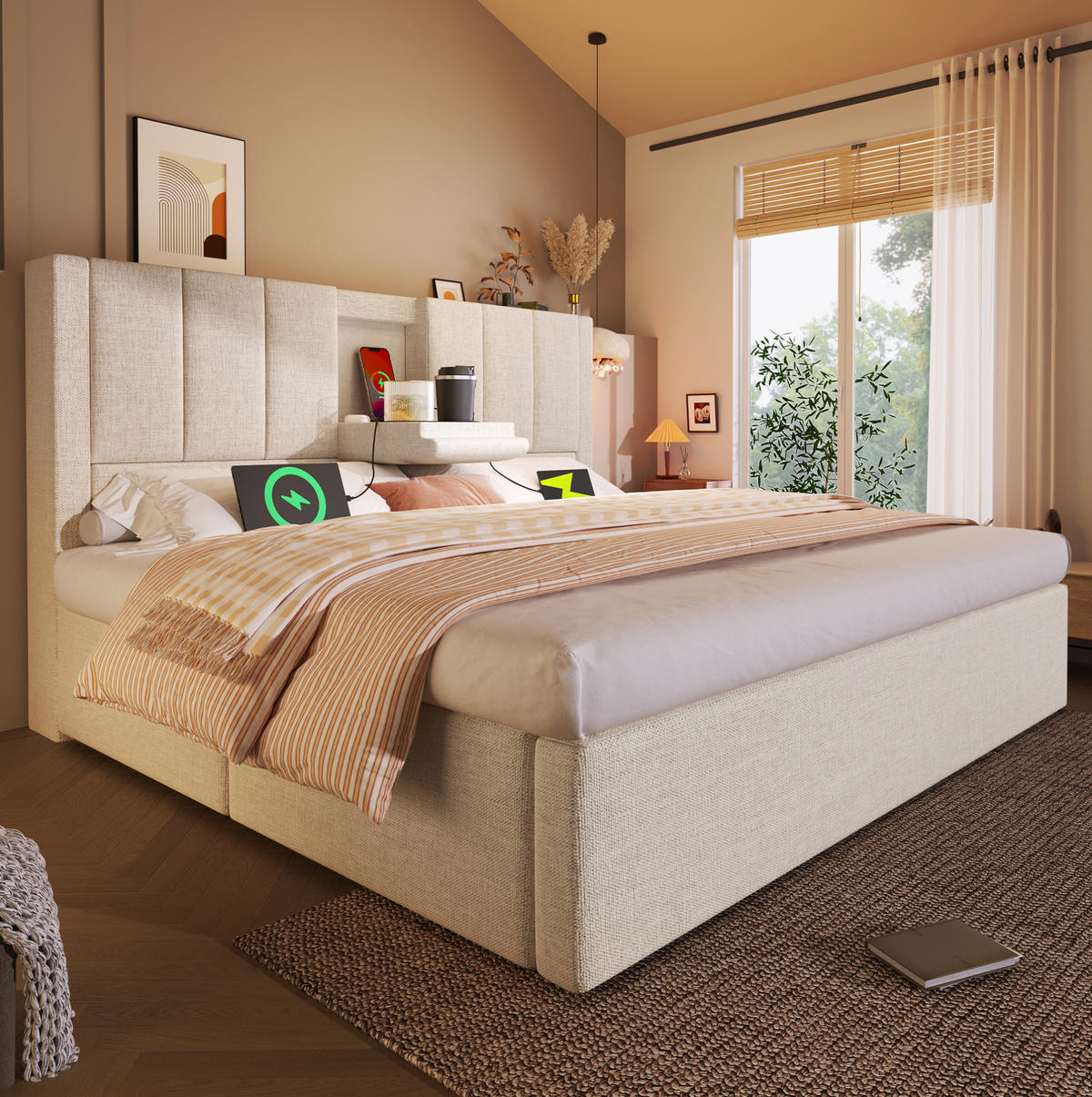 POLSTERBETT mit Stauraum & Ladestation 140x200 cm Leinen Beige inkl. Matratze - Beige, Metall (140/200cm) - Meubliv