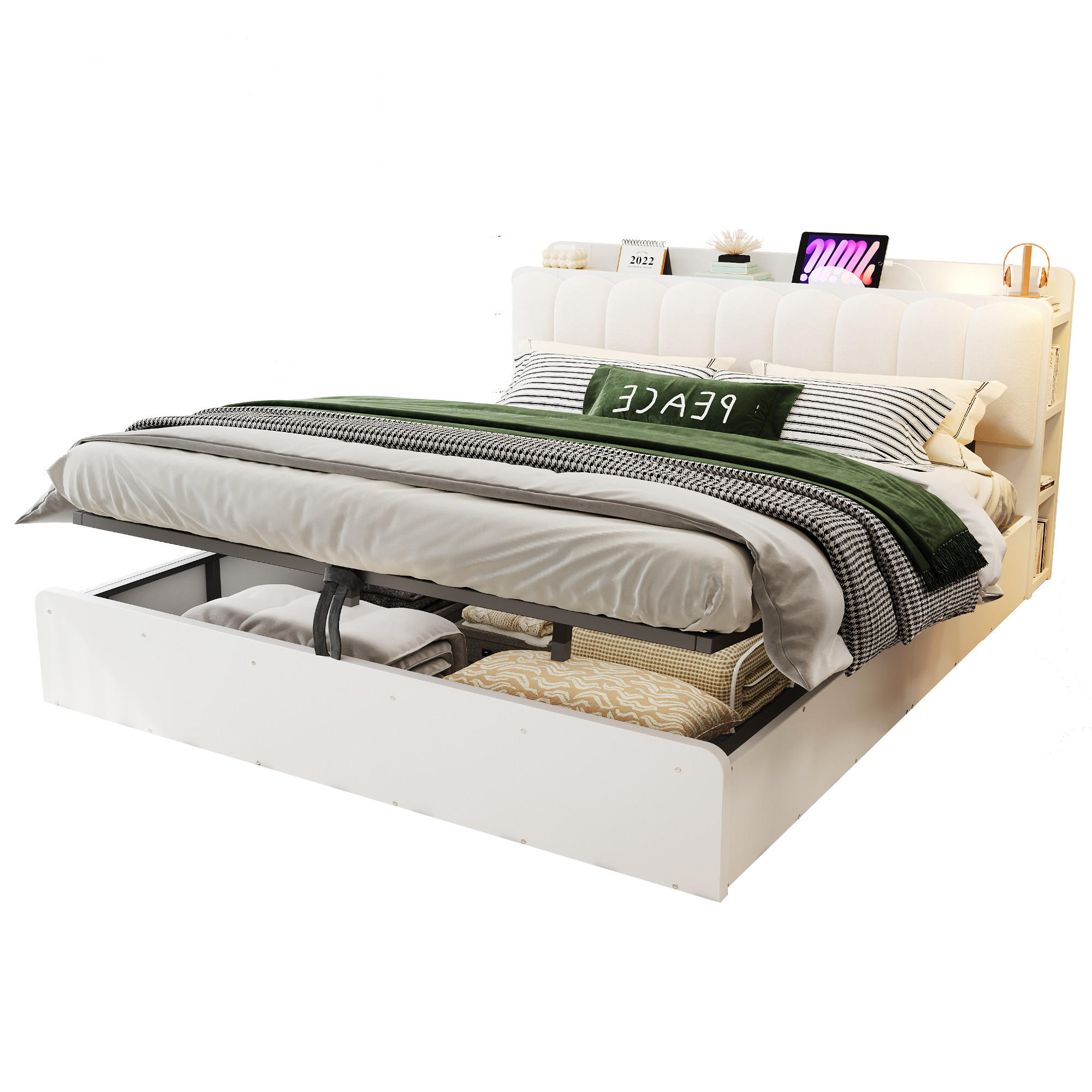 BETT 180/200 cm in Weiß mit Bettkasten, USB, Steckdose und Ablage - Weiß, Holzwerkstoff/Textil (180/200cm) - STILVORA