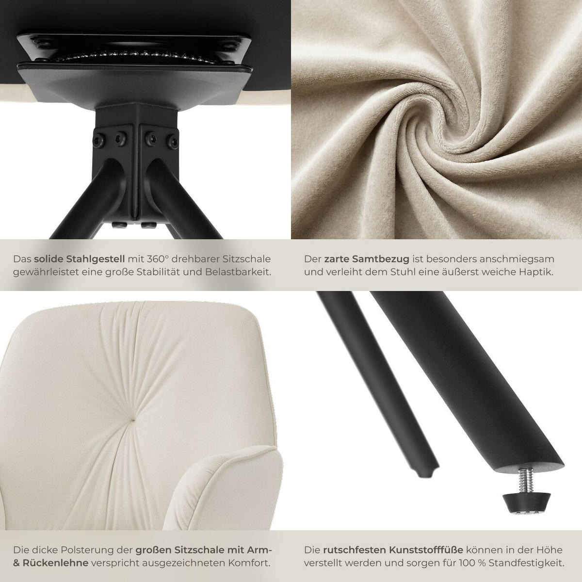 ARMLEHNSTUHL Drehbar Lenia,56,5 x 54 x 86 cm,Samtoptik creme/schwarz - Schwarz/Samtahornfarben, Kunststoff (56.5/86/54cm) - tectake